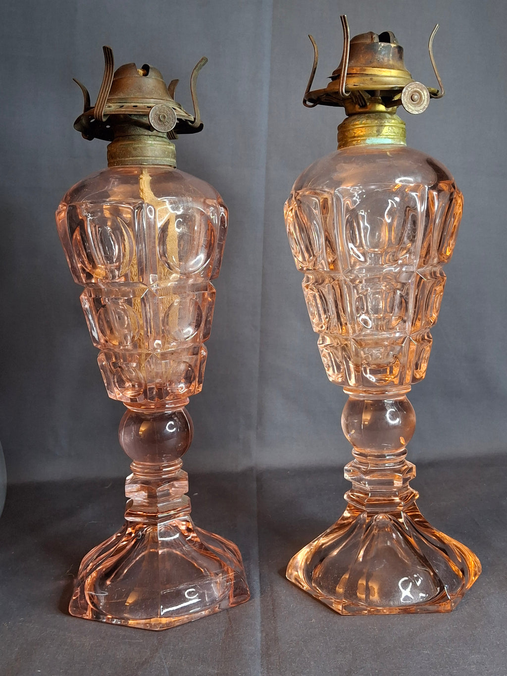 Vintage Pink Pressed Glass Kerosene Table Lamps - Matching Pair - 17" Tall