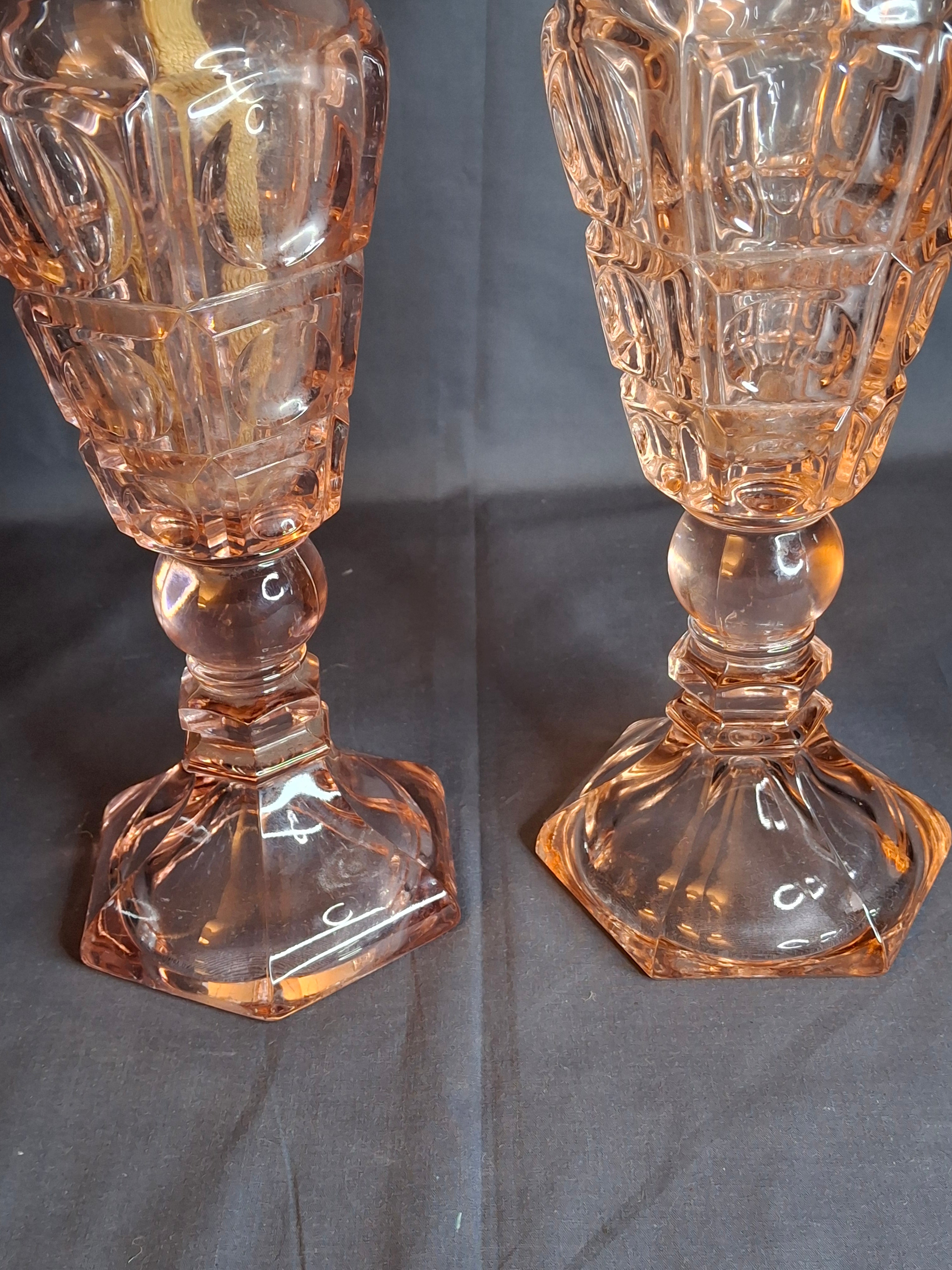 Vintage Pink Pressed Glass Kerosene Table Lamps - Matching Pair - 17" Tall