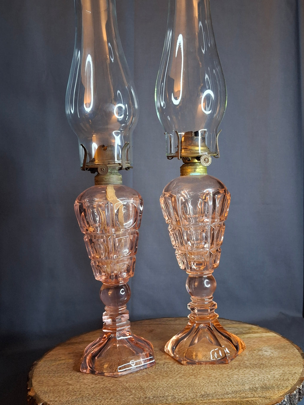 Vintage Pink Pressed Glass Kerosene Table Lamps - Matching Pair - 17" Tall