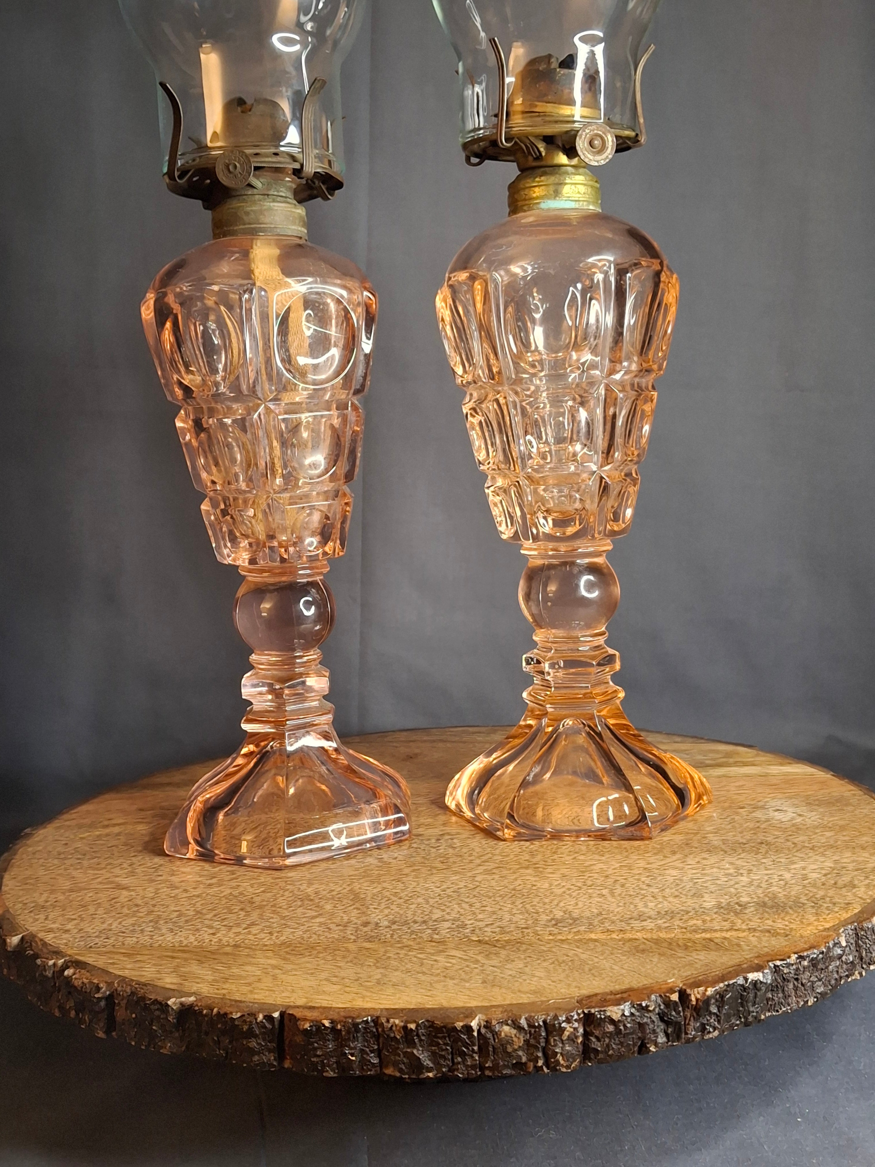 Vintage Pink Pressed Glass Kerosene Table Lamps - Matching Pair - 17" Tall