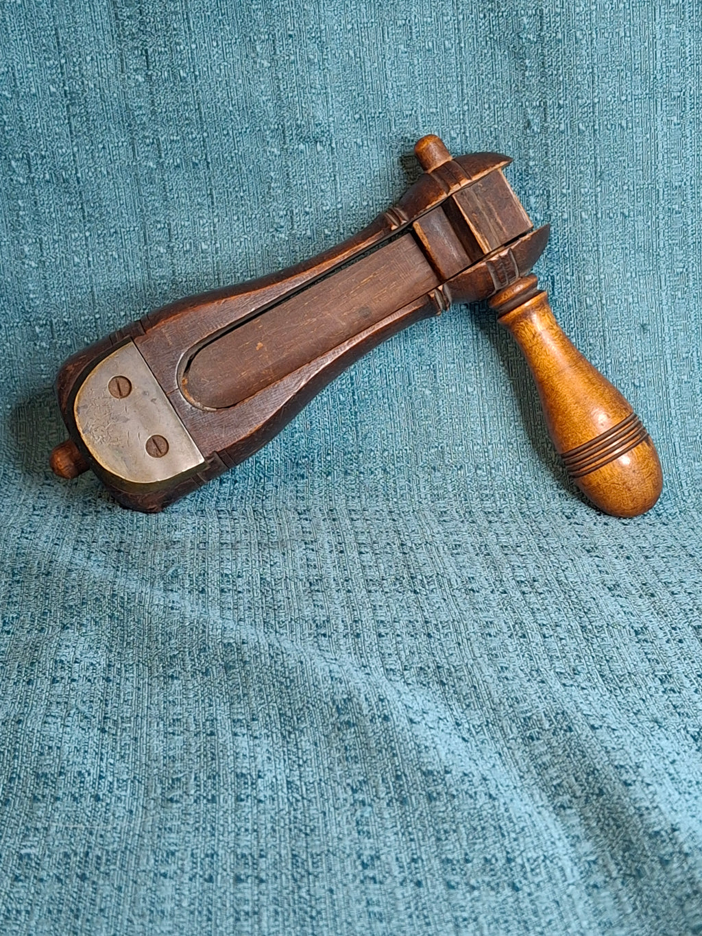 Antique Hand-Carved Hardwood Ratchet Noisemaker, Miniature "Watchman-Grade" Personal Alarm, Rare Brass-Reinforced Folk Art c. 1890-1910