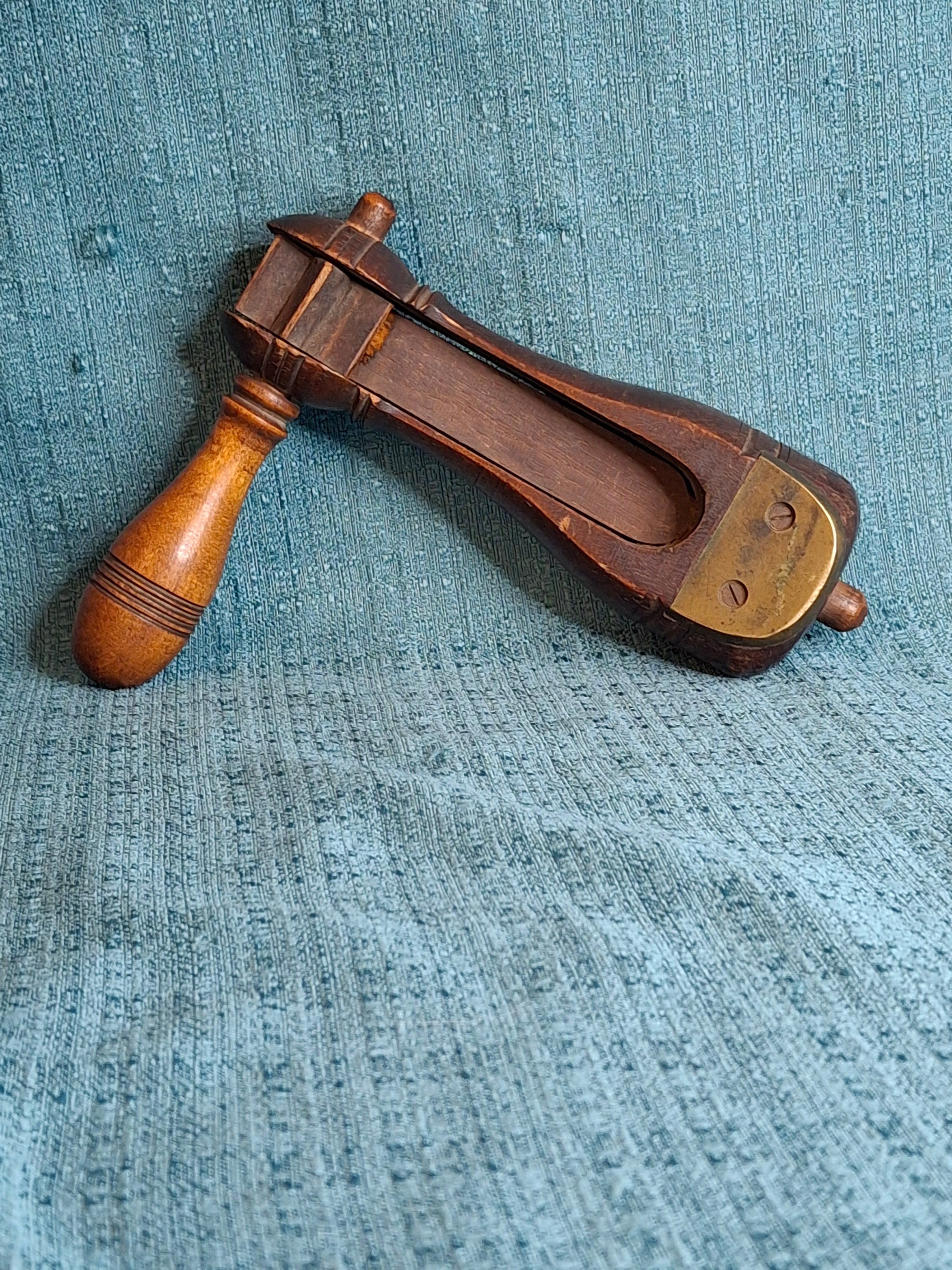 Antique Hand-Carved Hardwood Ratchet Noisemaker, Miniature "Watchman-Grade" Personal Alarm, Rare Brass-Reinforced Folk Art c. 1890-1910