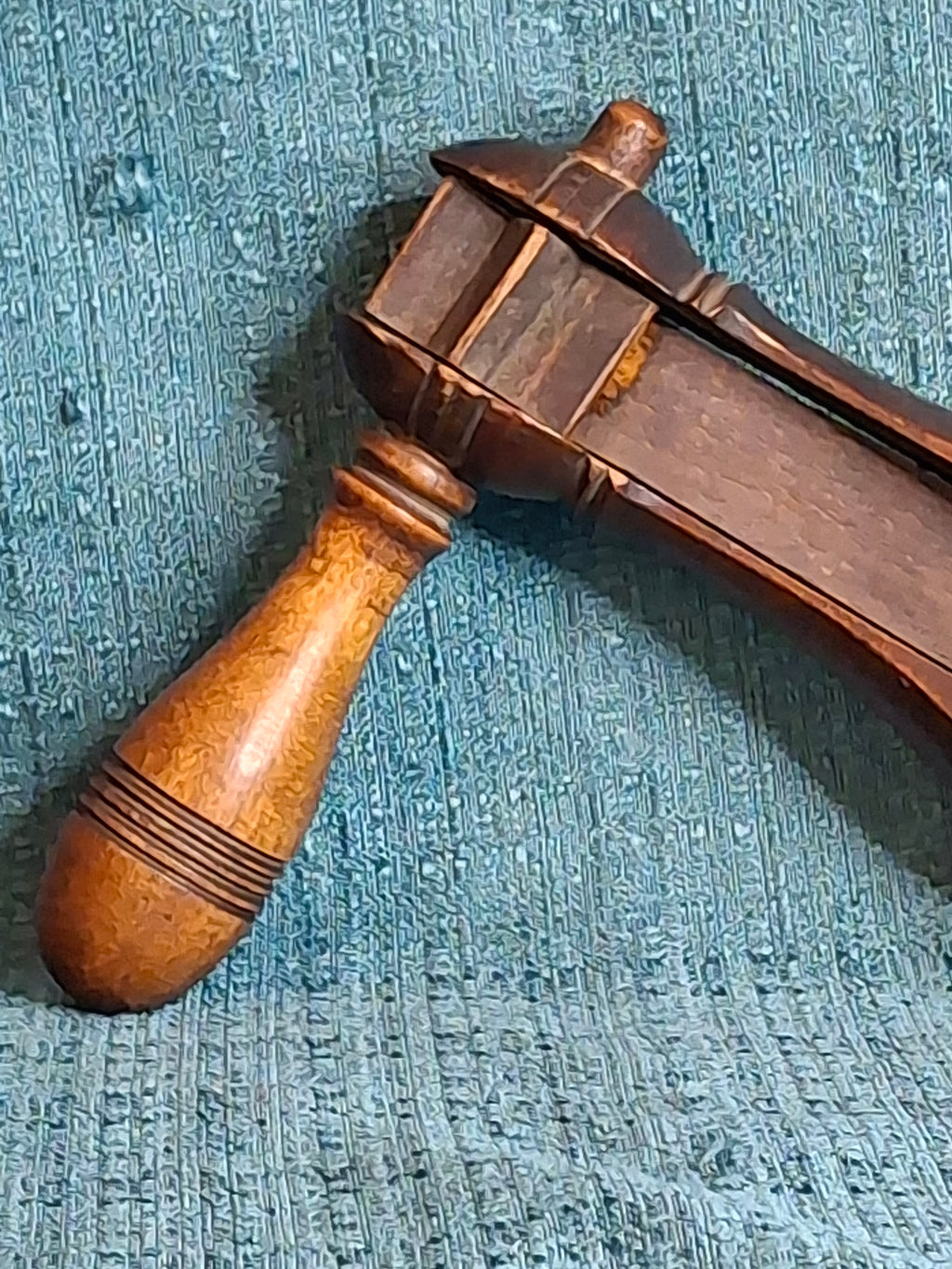 Antique Hand-Carved Hardwood Ratchet Noisemaker, Miniature "Watchman-Grade" Personal Alarm, Rare Brass-Reinforced Folk Art c. 1890-1910