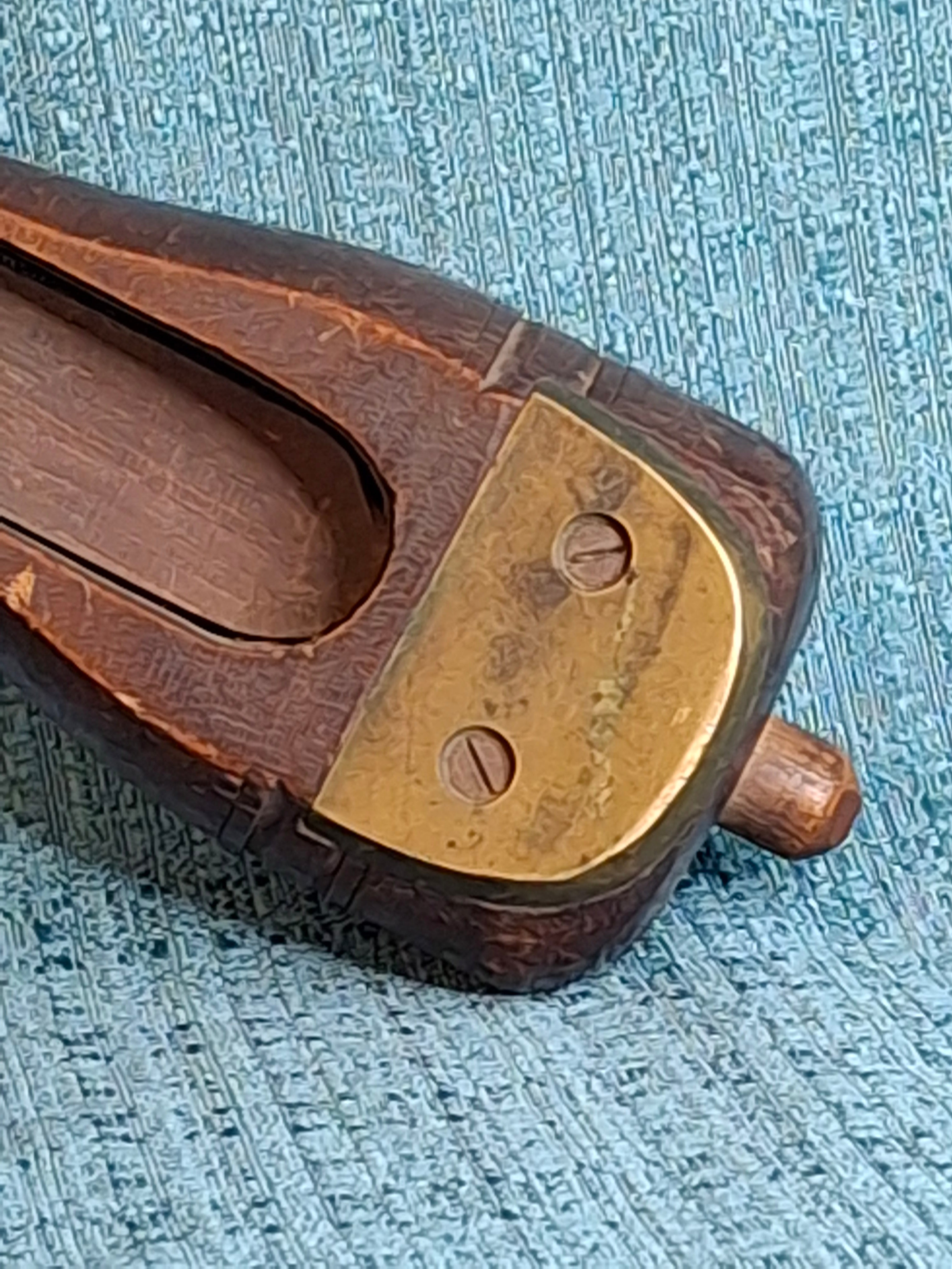 Antique Hand-Carved Hardwood Ratchet Noisemaker, Miniature "Watchman-Grade" Personal Alarm, Rare Brass-Reinforced Folk Art c. 1890-1910