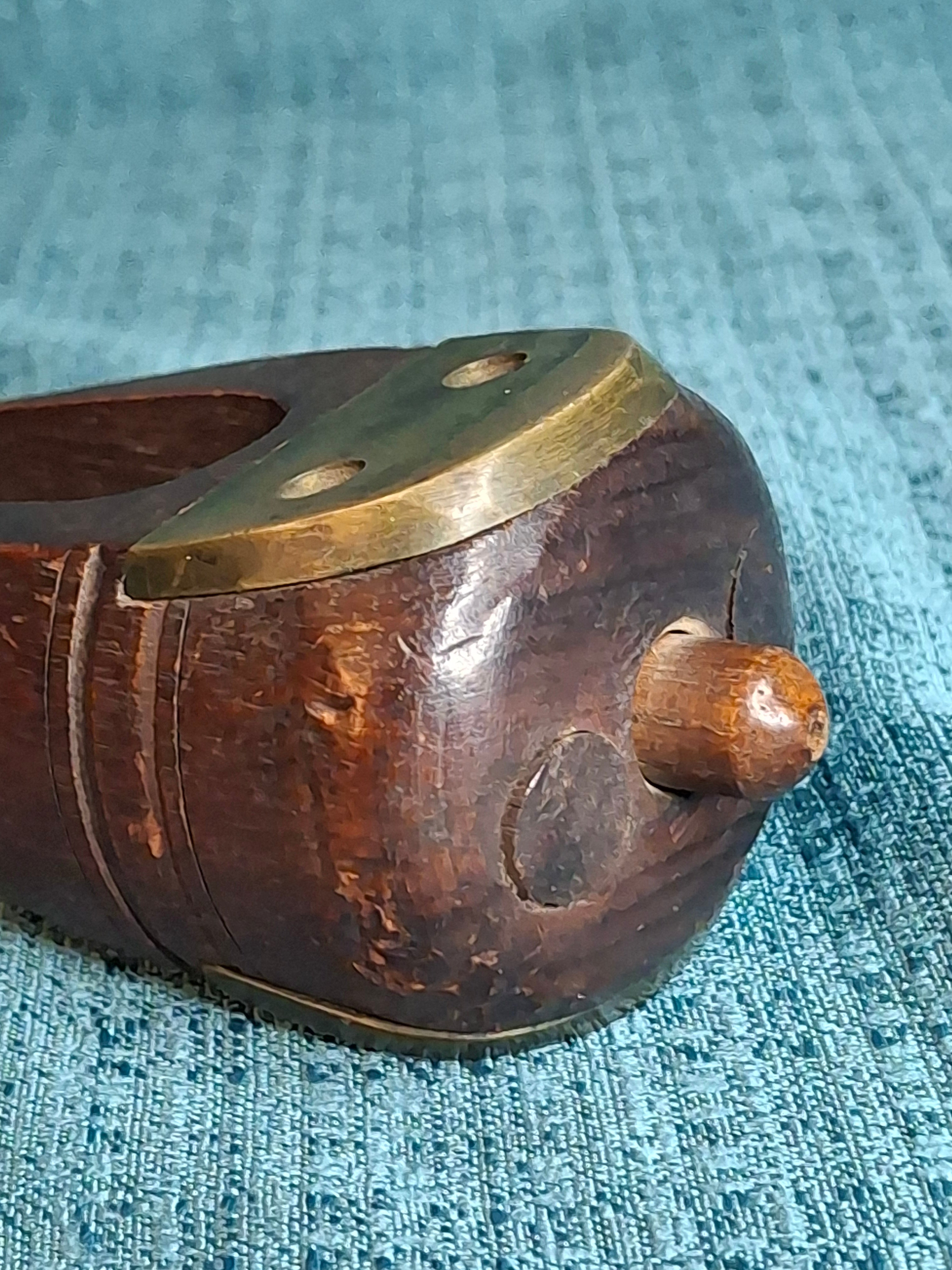 Antique Hand-Carved Hardwood Ratchet Noisemaker, Miniature "Watchman-Grade" Personal Alarm, Rare Brass-Reinforced Folk Art c. 1890-1910