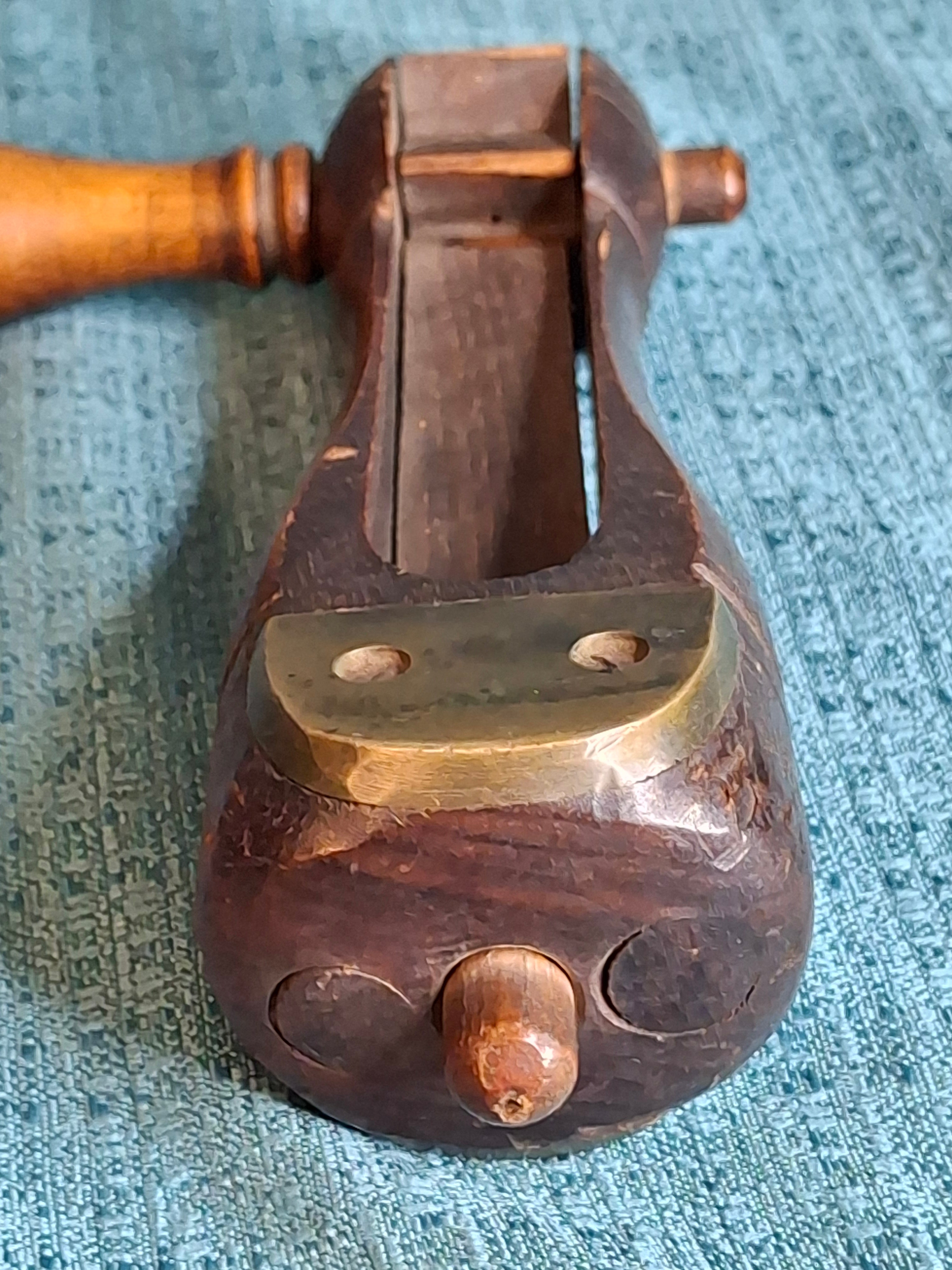 Antique Hand-Carved Hardwood Ratchet Noisemaker, Miniature "Watchman-Grade" Personal Alarm, Rare Brass-Reinforced Folk Art c. 1890-1910