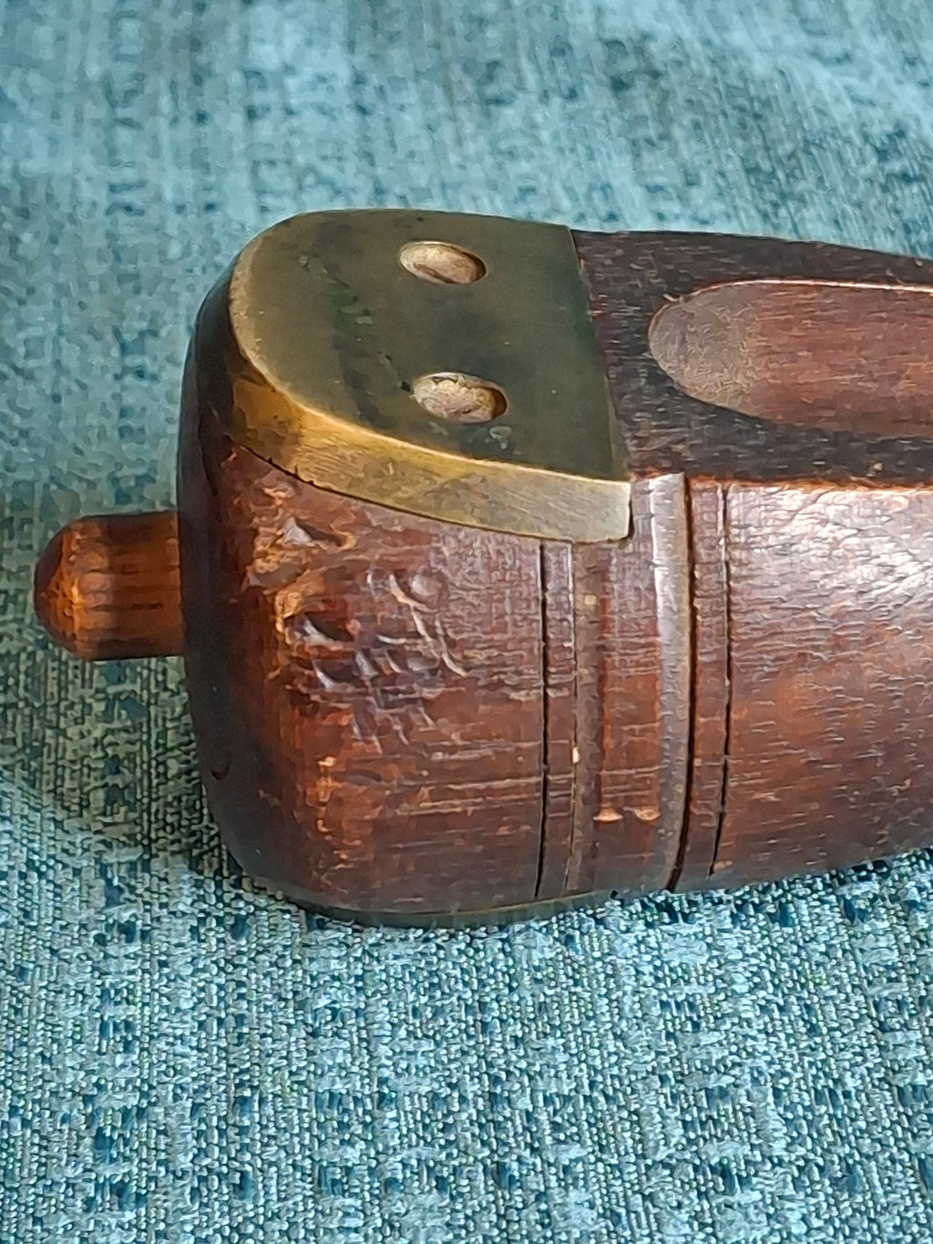 Antique Hand-Carved Hardwood Ratchet Noisemaker, Miniature "Watchman-Grade" Personal Alarm, Rare Brass-Reinforced Folk Art c. 1890-1910