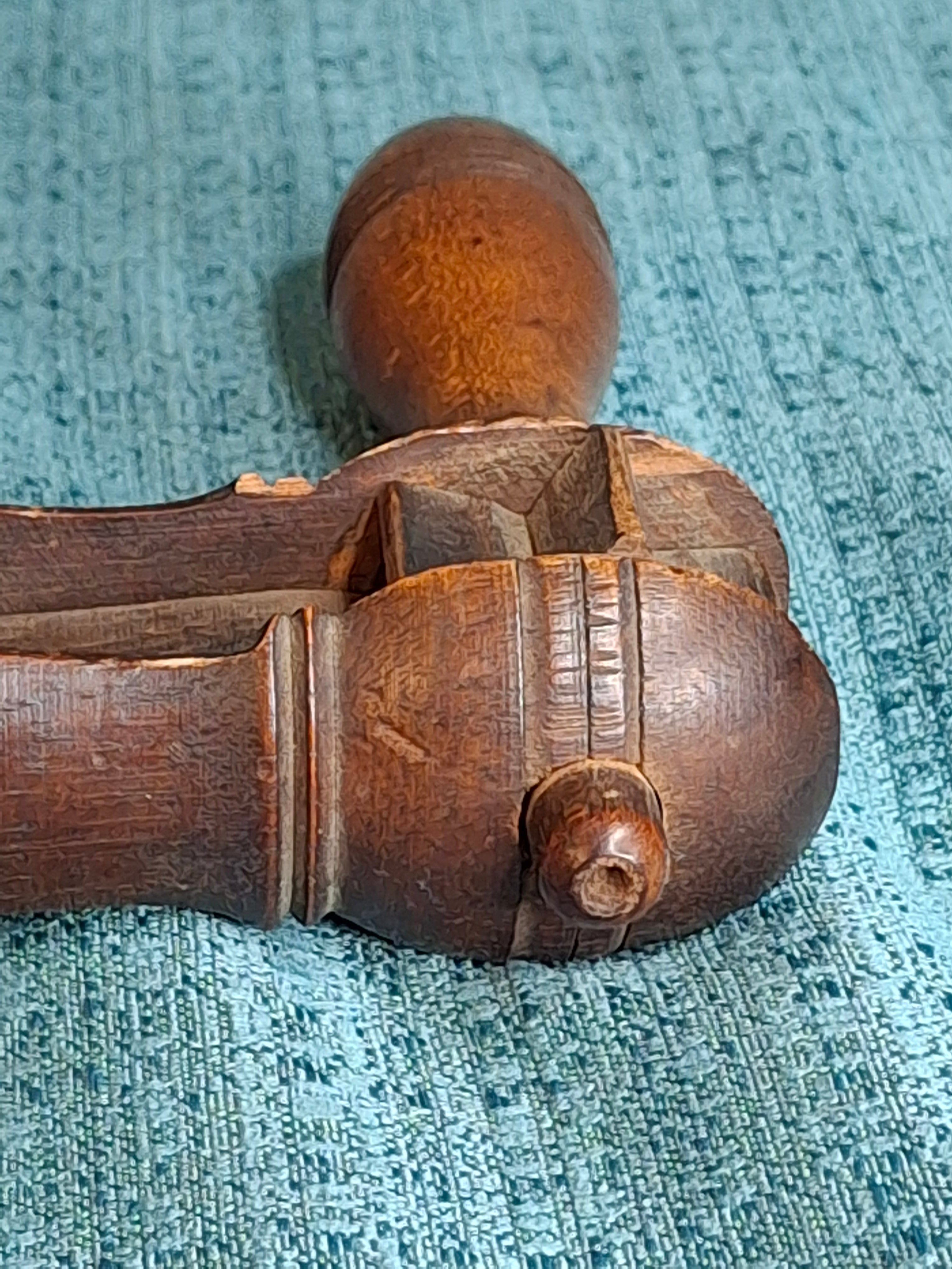 Antique Hand-Carved Hardwood Ratchet Noisemaker, Miniature "Watchman-Grade" Personal Alarm, Rare Brass-Reinforced Folk Art c. 1890-1910