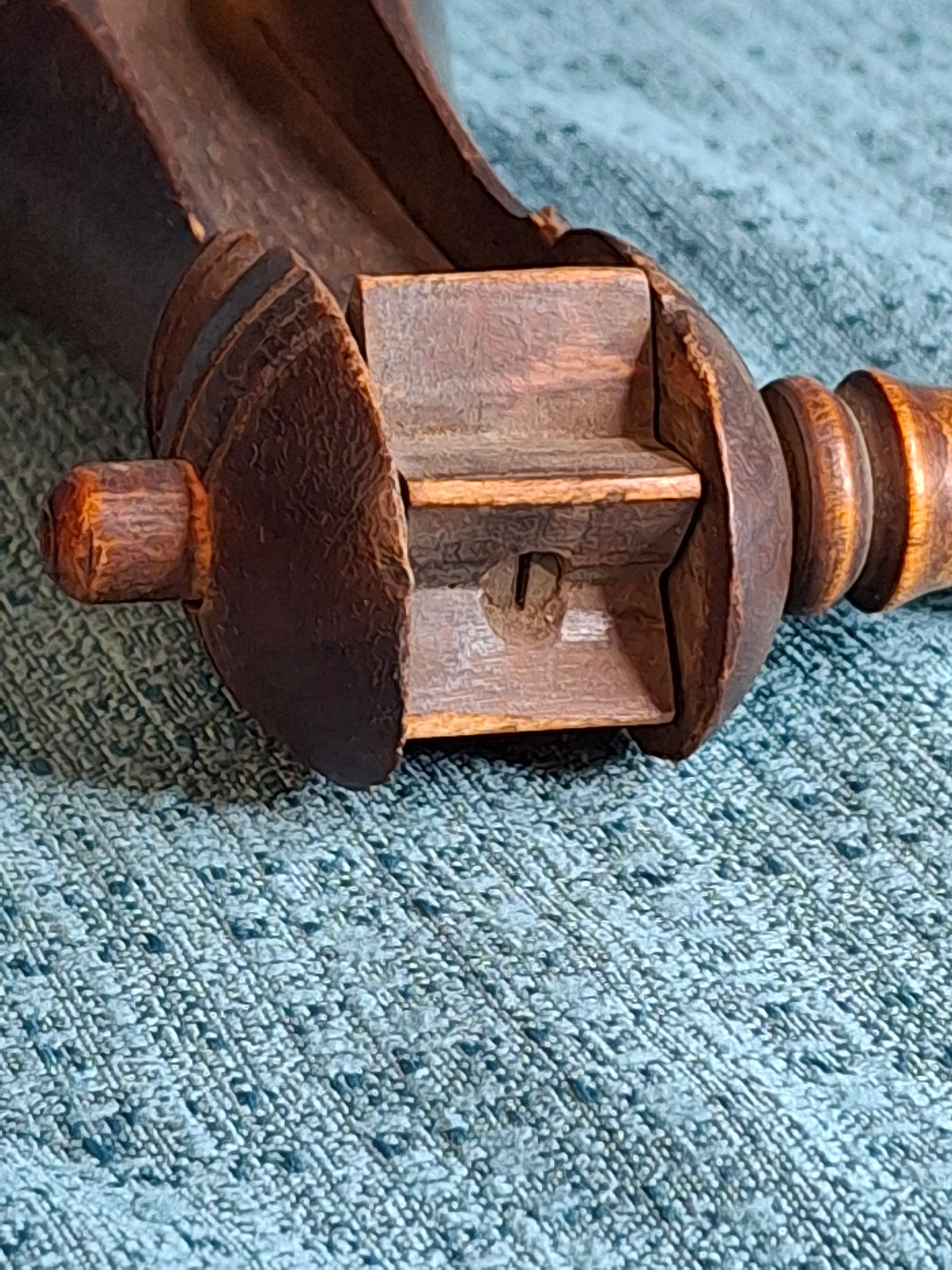 Antique Hand-Carved Hardwood Ratchet Noisemaker, Miniature "Watchman-Grade" Personal Alarm, Rare Brass-Reinforced Folk Art c. 1890-1910