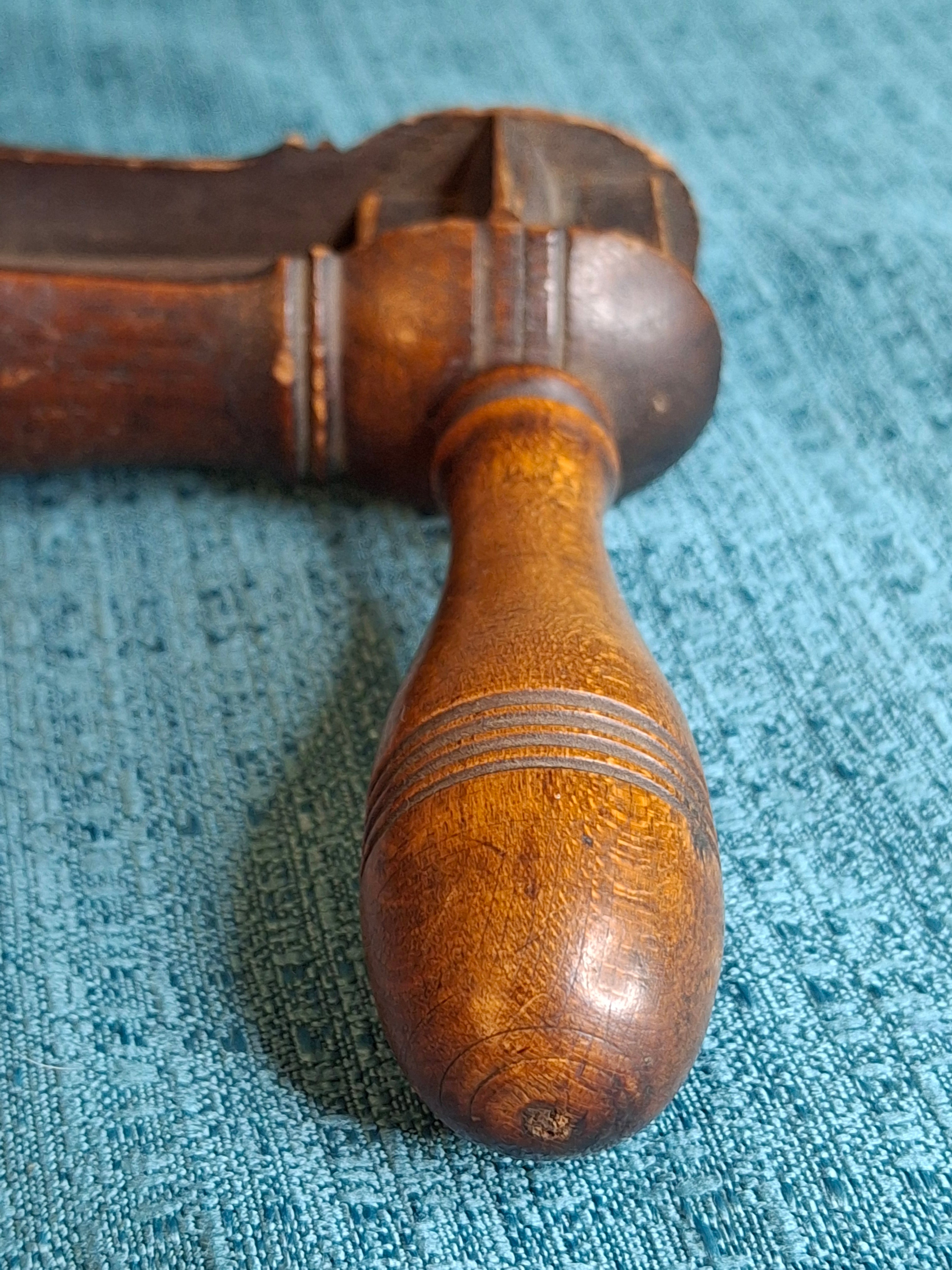Antique Hand-Carved Hardwood Ratchet Noisemaker, Miniature "Watchman-Grade" Personal Alarm, Rare Brass-Reinforced Folk Art c. 1890-1910