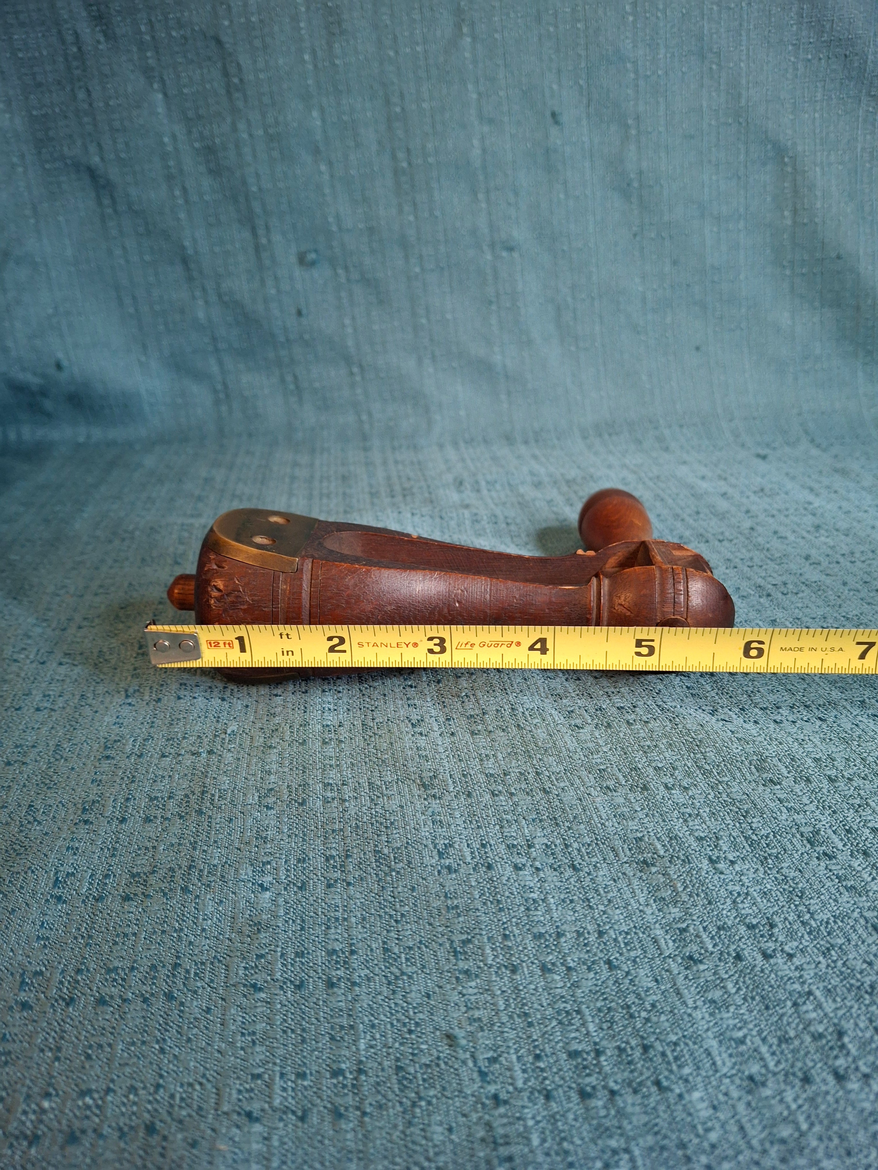 Antique Hand-Carved Hardwood Ratchet Noisemaker, Miniature "Watchman-Grade" Personal Alarm, Rare Brass-Reinforced Folk Art c. 1890-1910