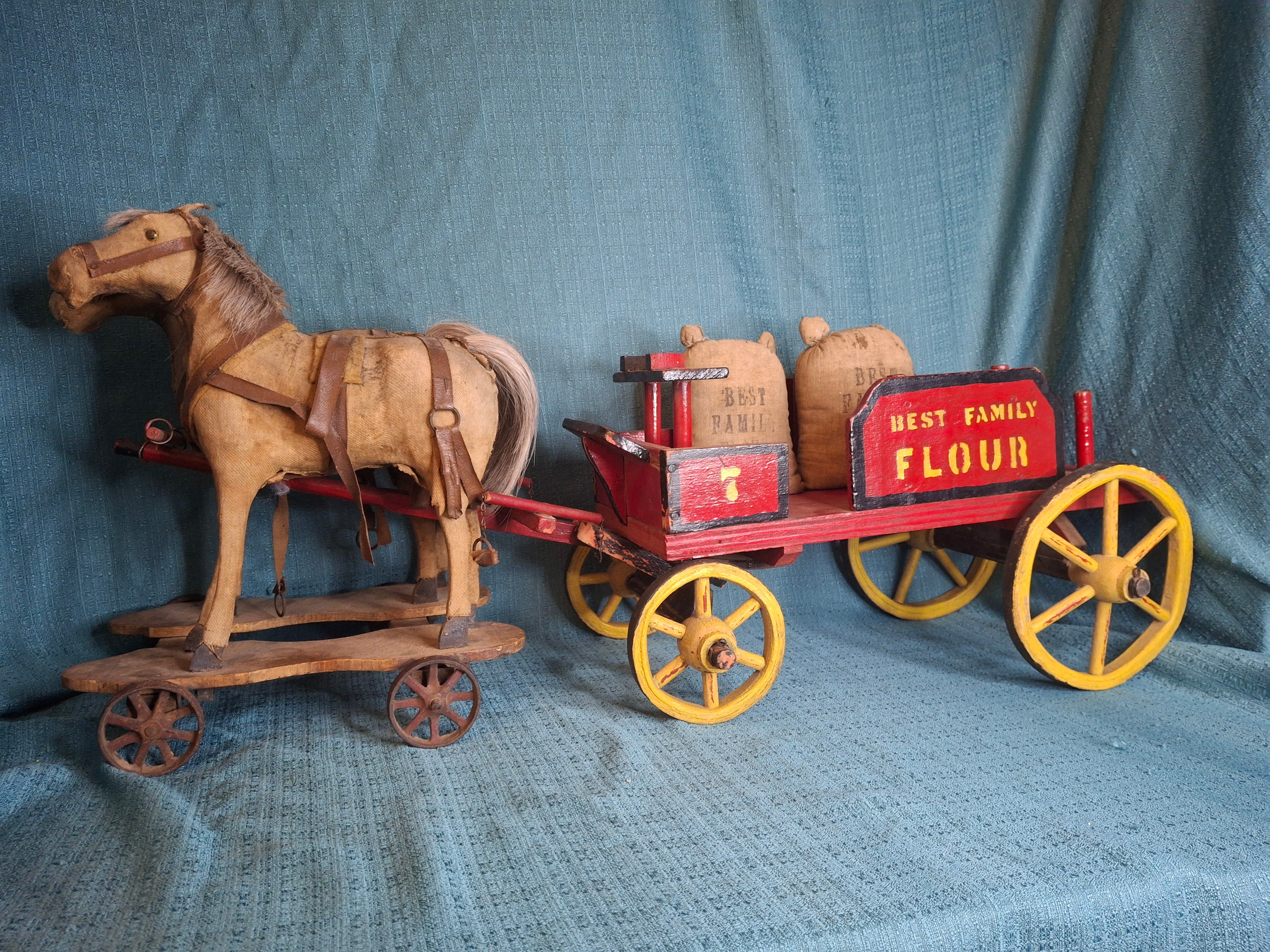 Antique Wooden Horse Drawn Wagon Toy c 1905 Converse Best Family Flour Large