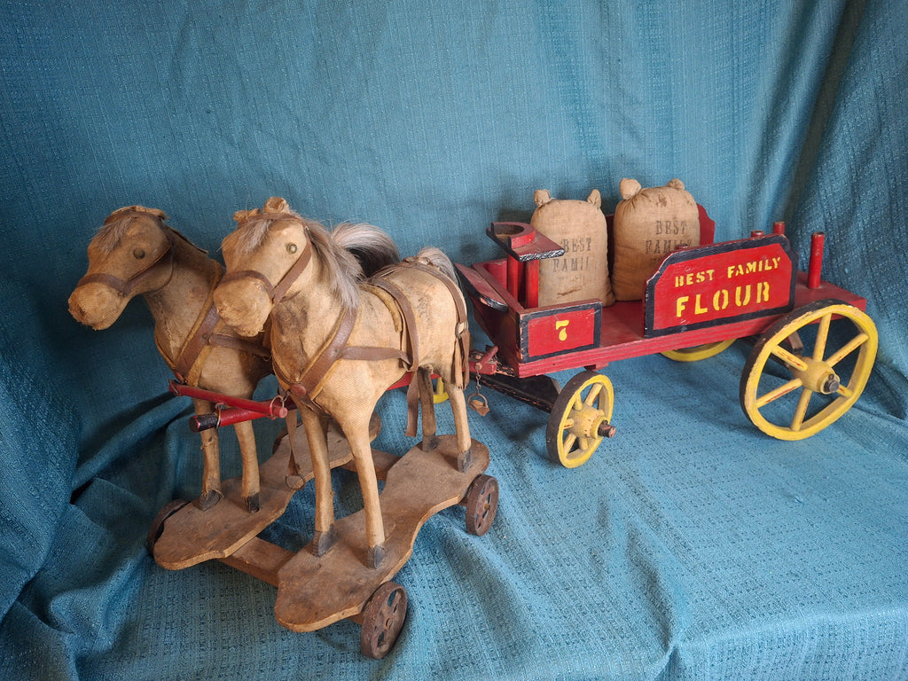 Antique Wooden Horse Drawn Wagon Toy c 1905 Converse Best Family Flour Large