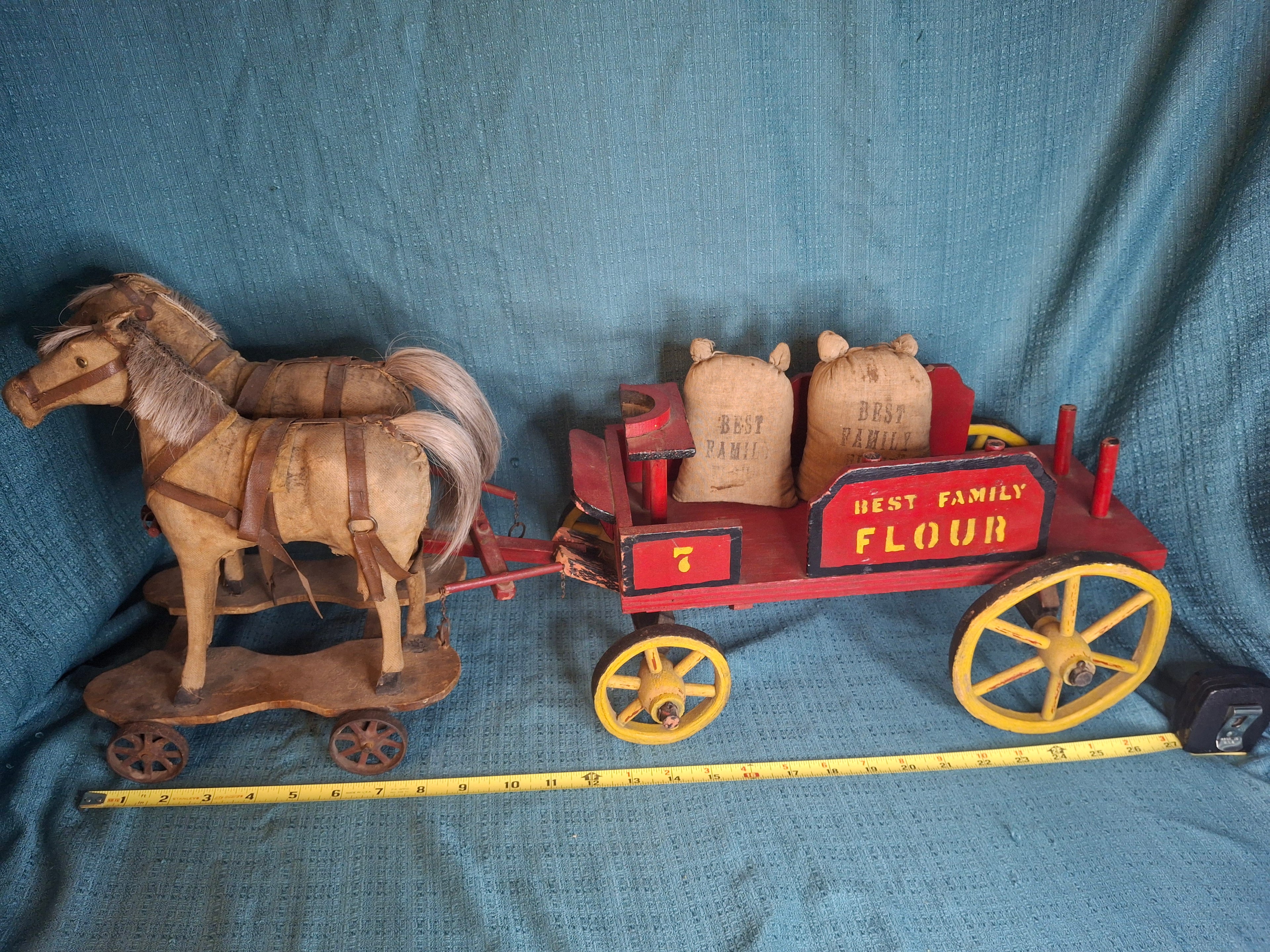 Antique Wooden Horse Drawn Wagon Toy c 1905 Converse Best Family Flour Large