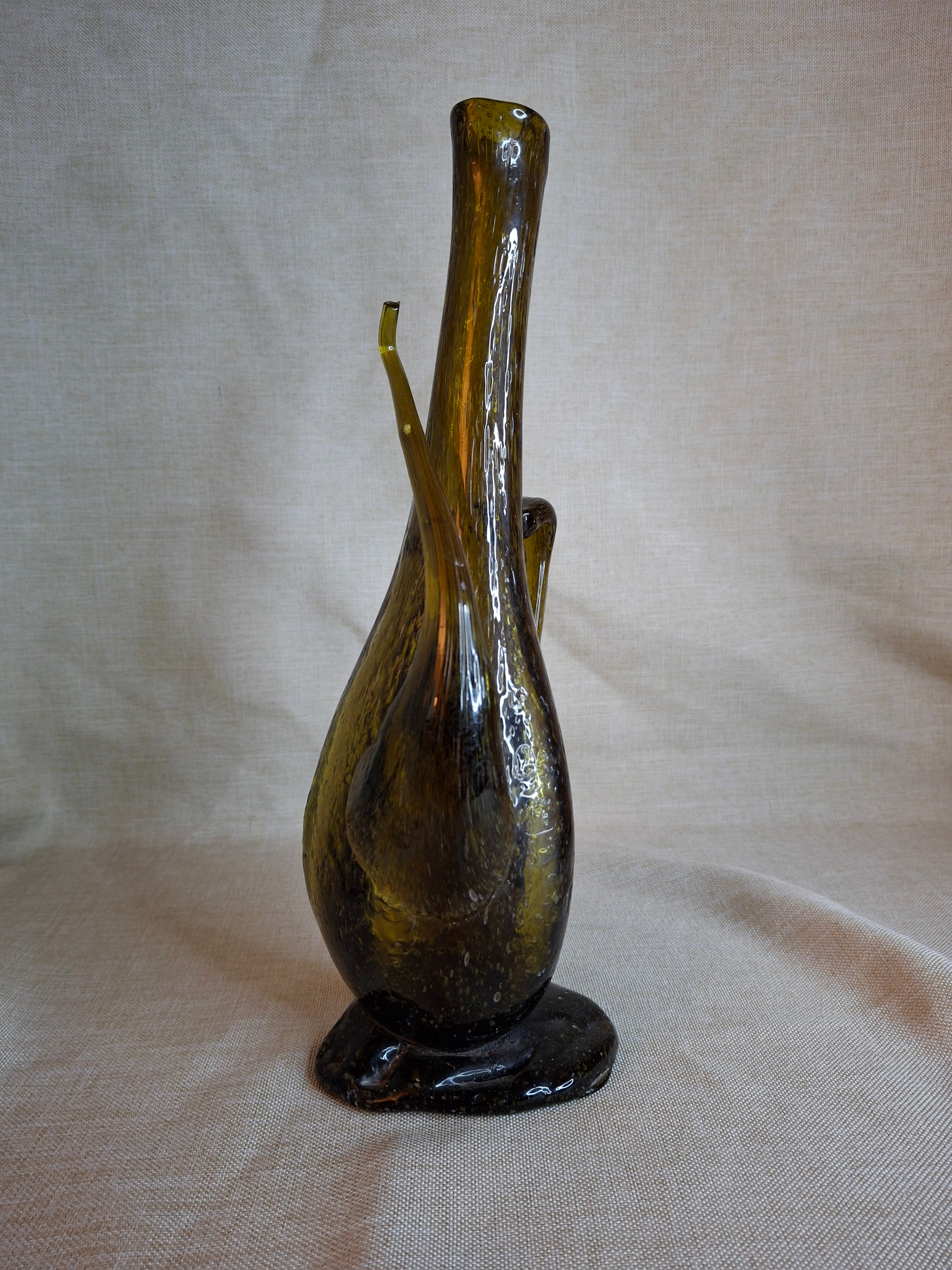 Vintage Italian Empoli Green Seeded Glass Porron Wine Decanter Spout Handle MCM