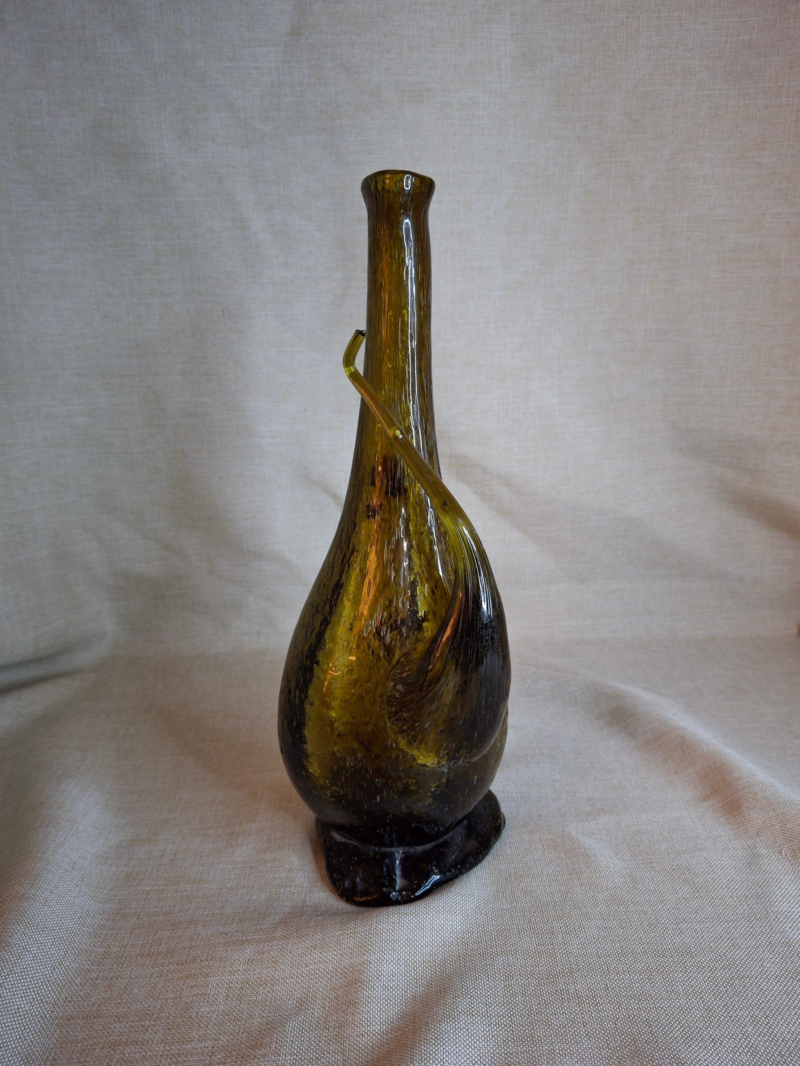 Vintage Italian Empoli Green Seeded Glass Porron Wine Decanter Spout Handle MCM