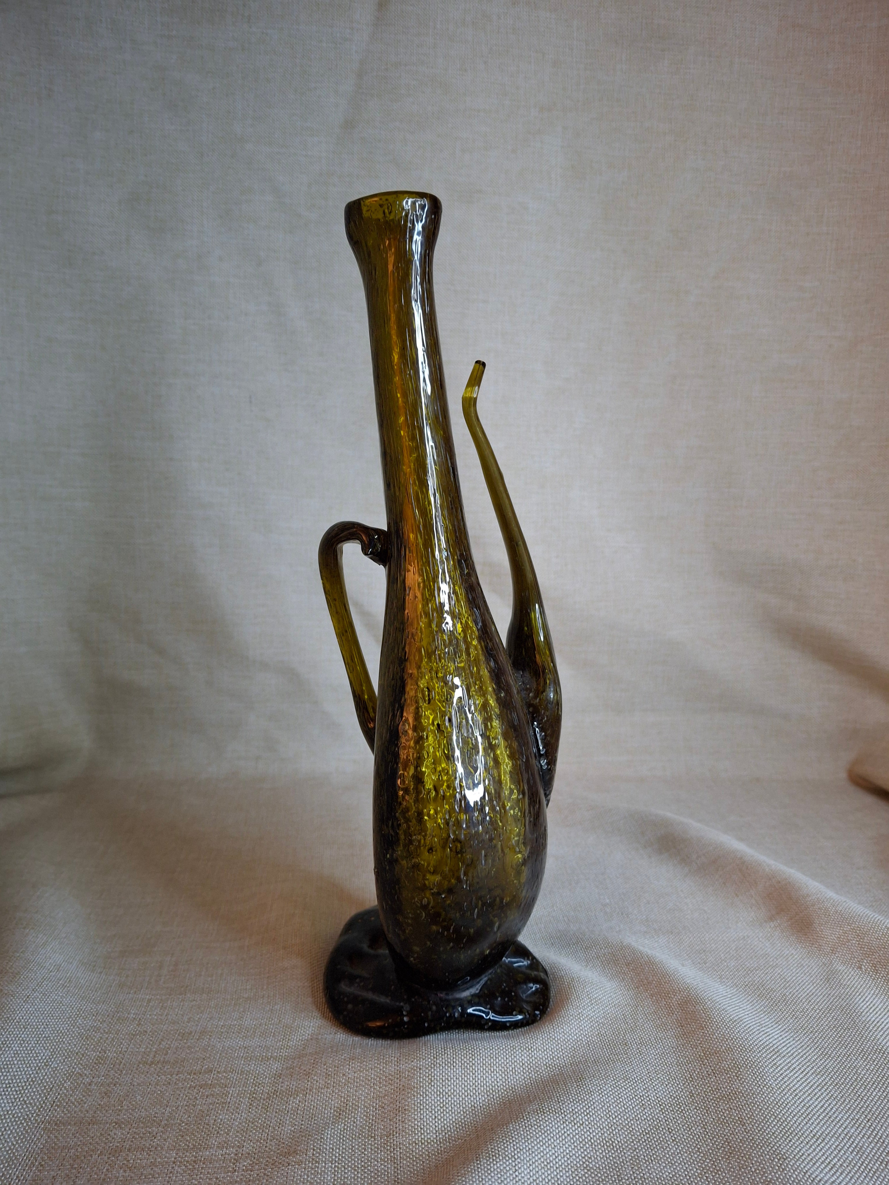 Vintage Italian Empoli Green Seeded Glass Porron Wine Decanter Spout Handle MCM
