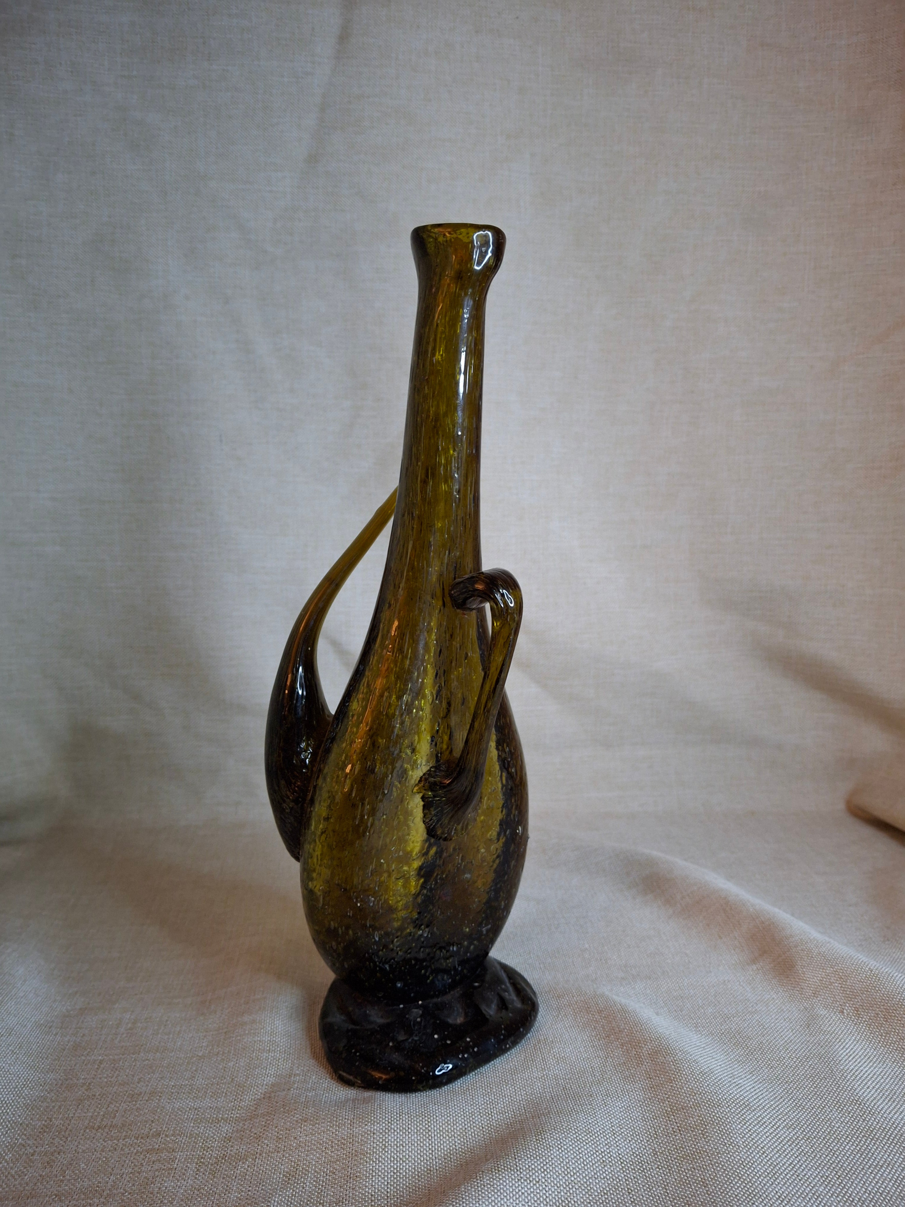Vintage Italian Empoli Green Seeded Glass Porron Wine Decanter Spout Handle MCM