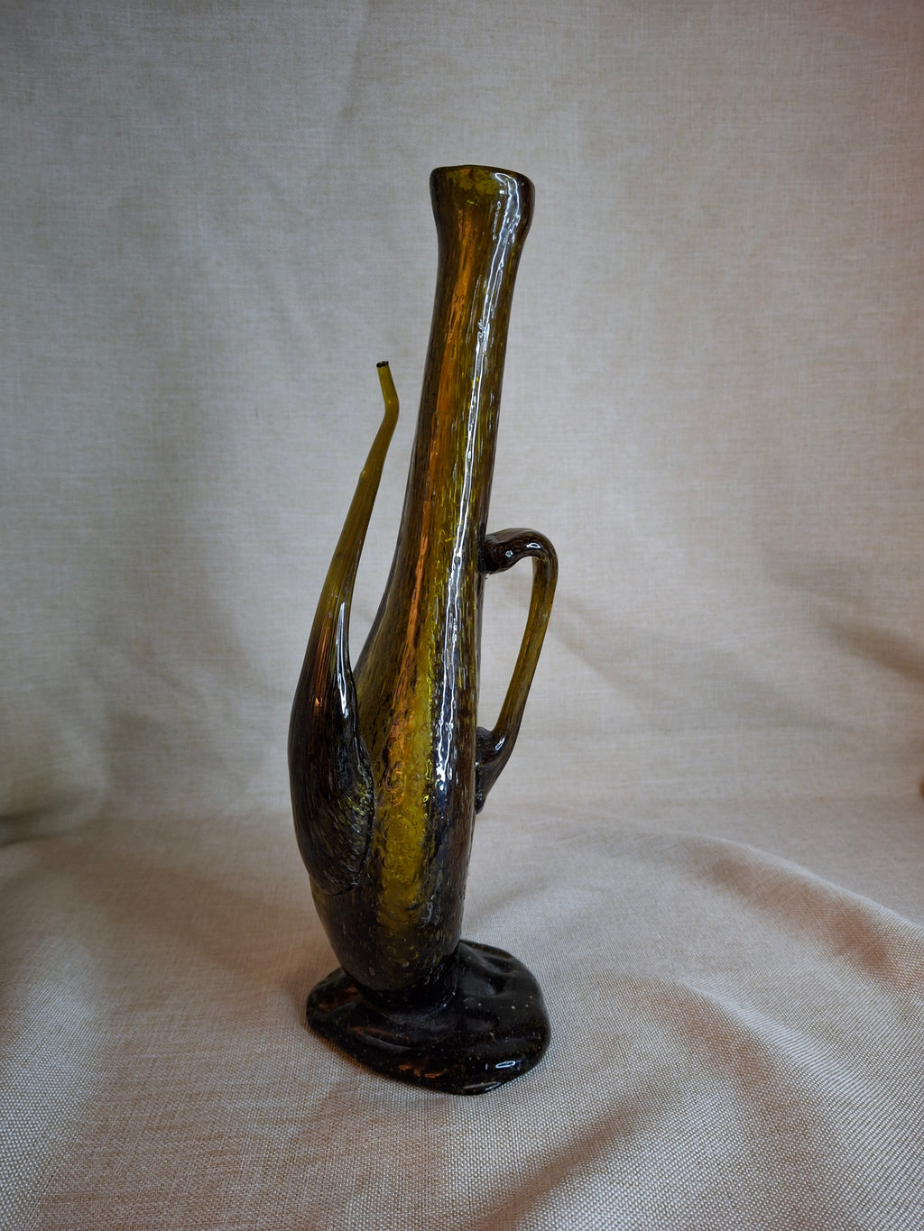 Vintage Italian Empoli Green Seeded Glass Porron Wine Decanter Spout Handle MCM