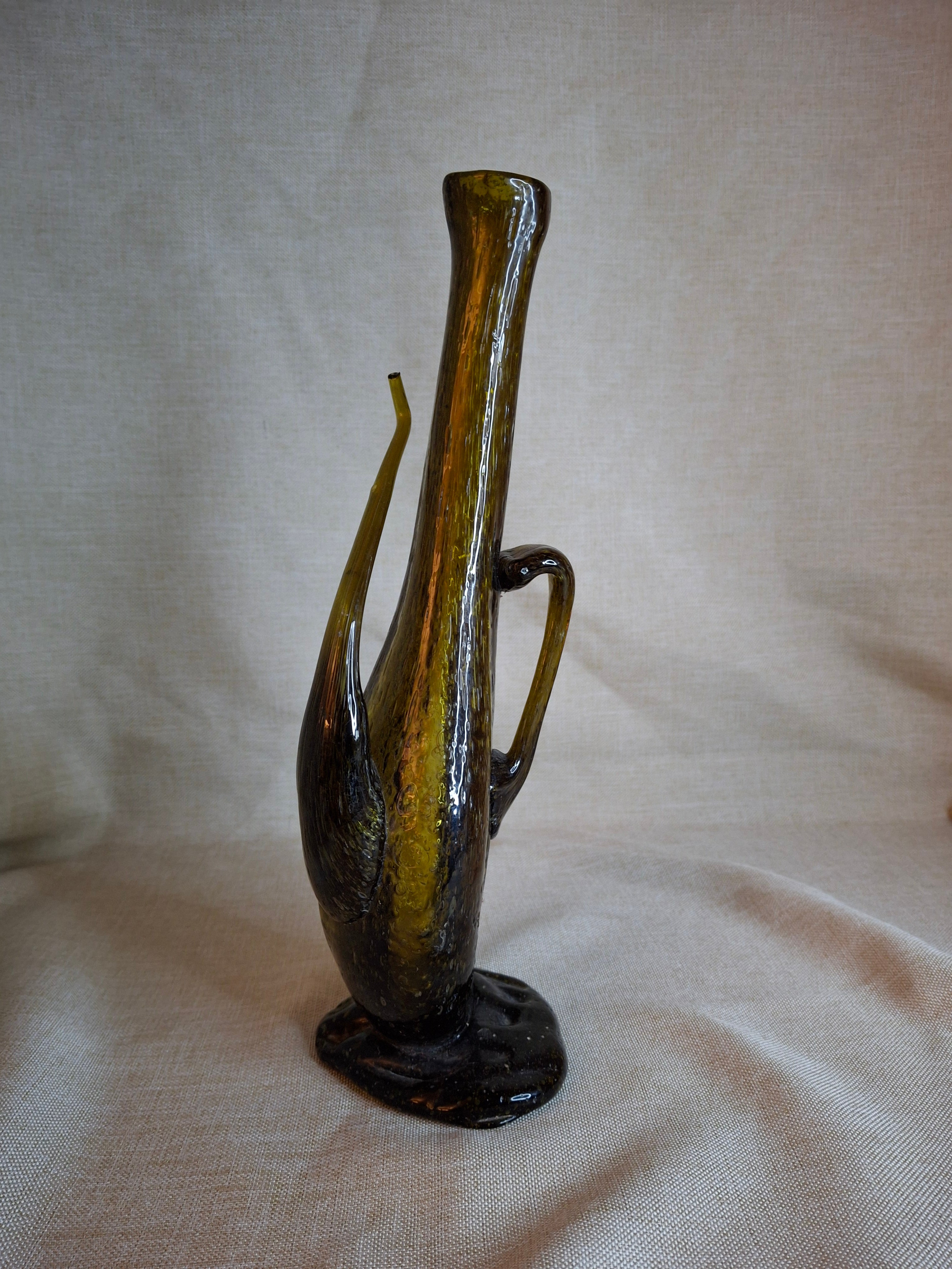 Vintage Italian Empoli Green Seeded Glass Porron Wine Decanter Spout Handle MCM