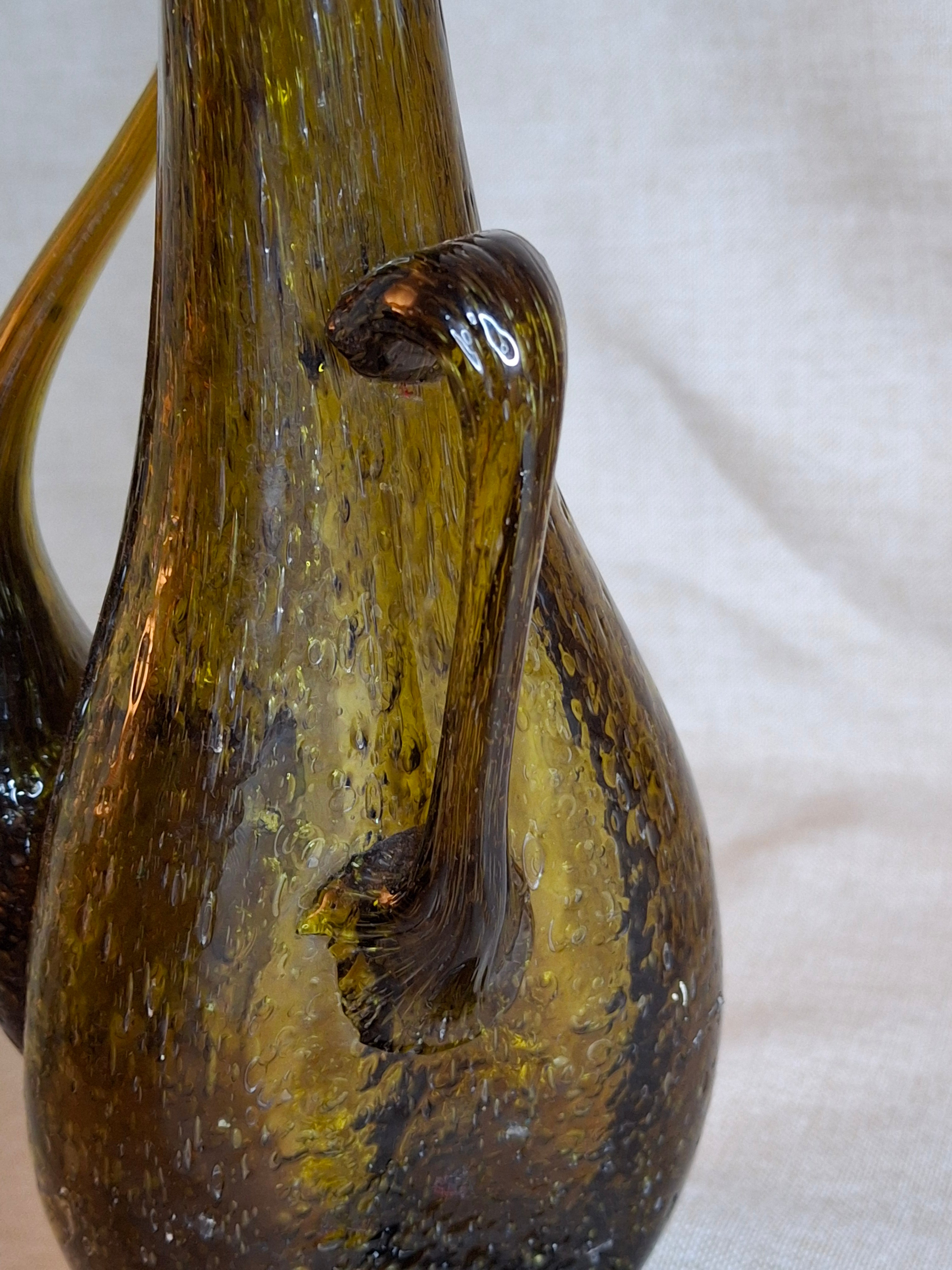 Vintage Italian Empoli Green Seeded Glass Porron Wine Decanter Spout Handle MCM
