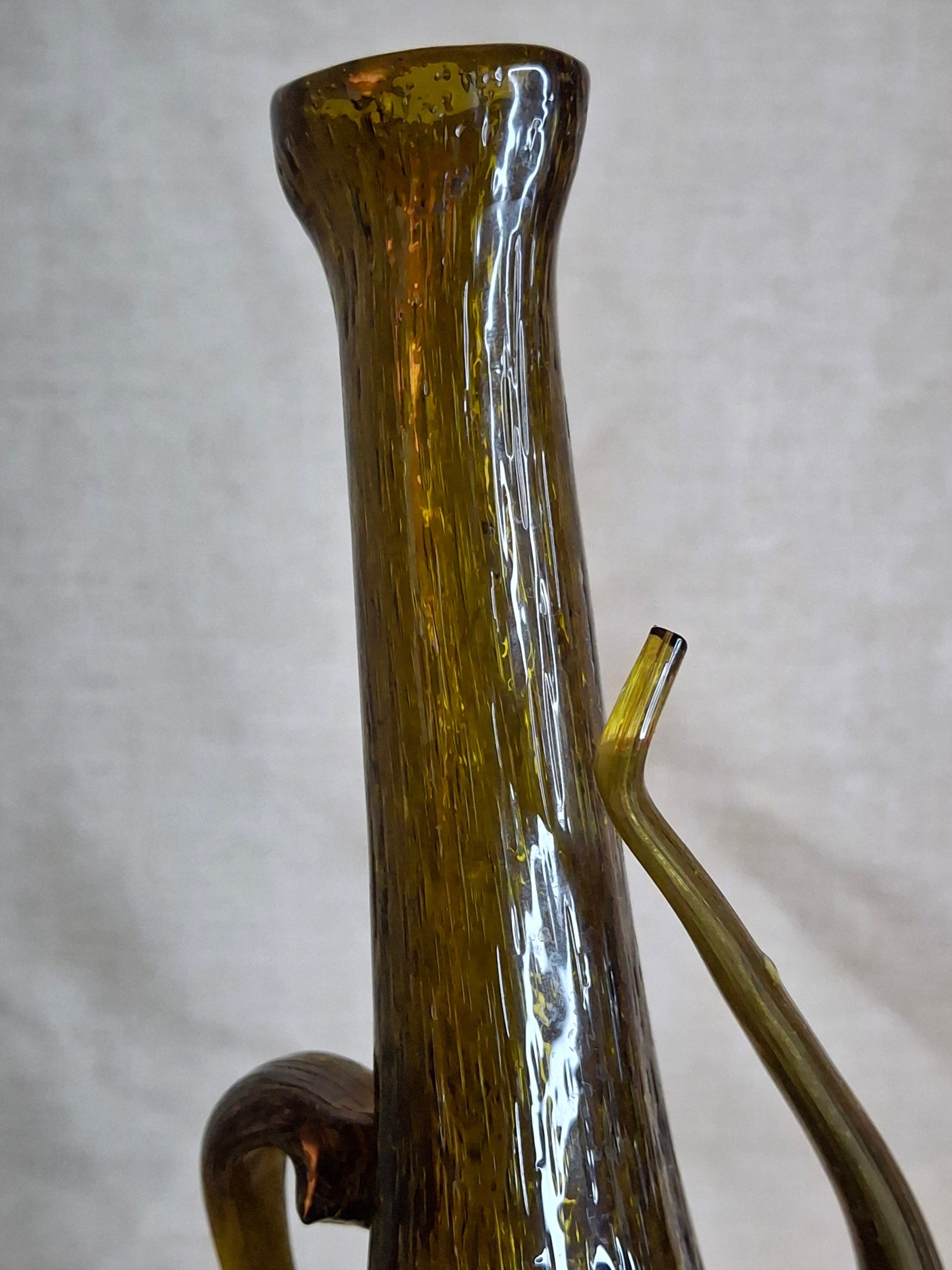 Vintage Italian Empoli Green Seeded Glass Porron Wine Decanter Spout Handle MCM