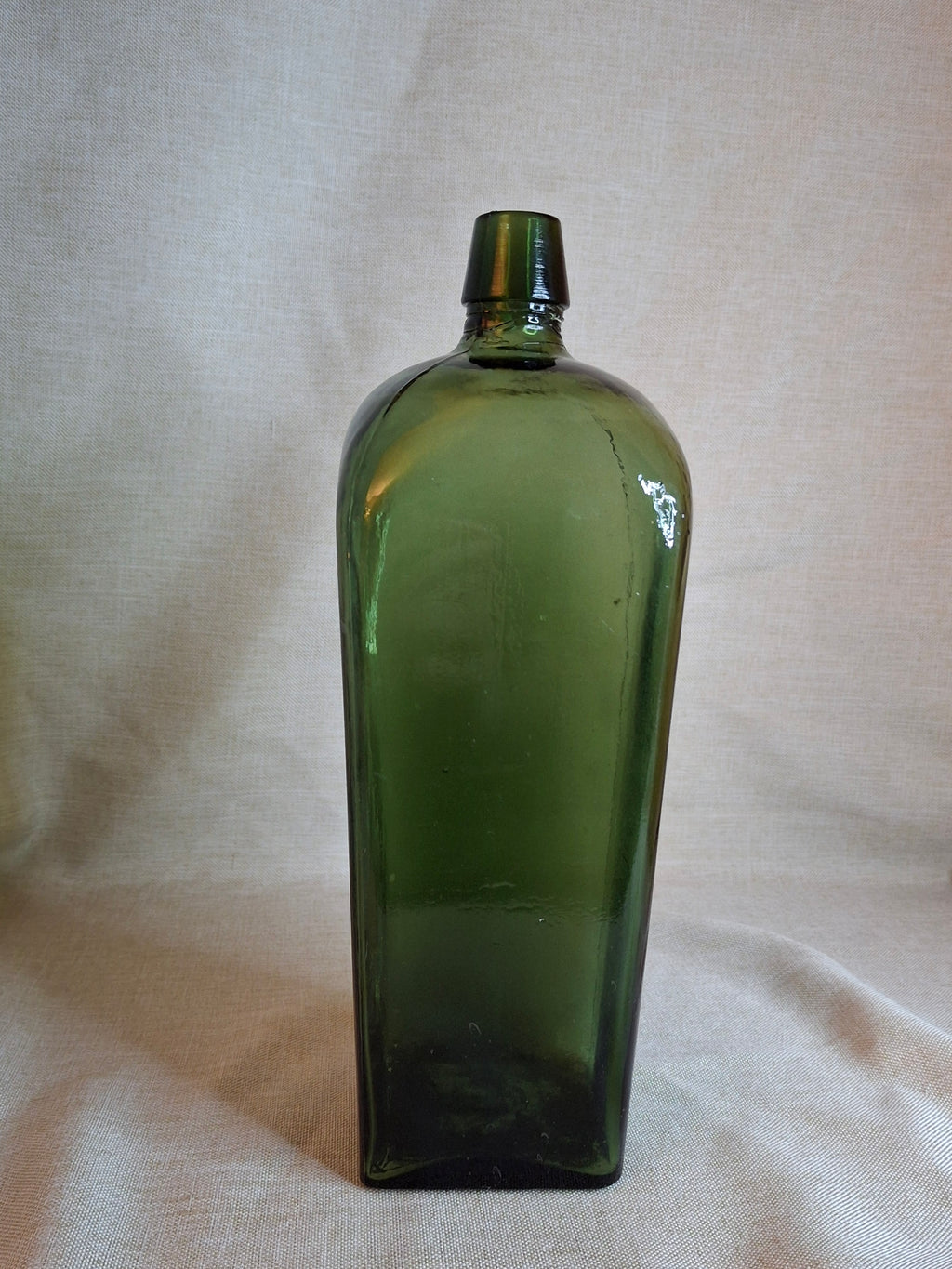 Antique 1880s Olive Green Case Gin Bottle 10" Hand Blown Glass Tapered Square