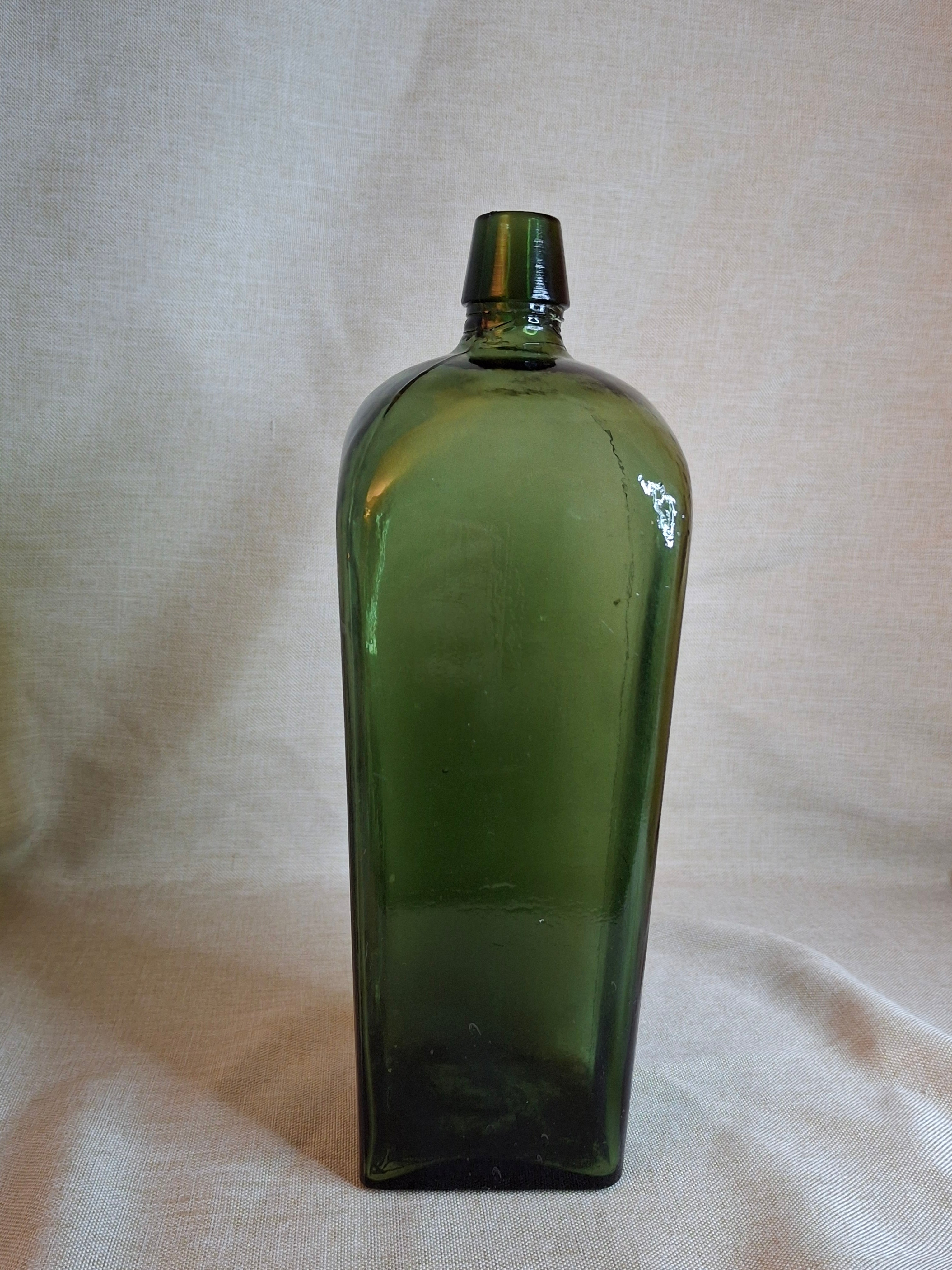 Antique 1880s Olive Green Case Gin Bottle 10" Hand Blown Glass Tapered Square