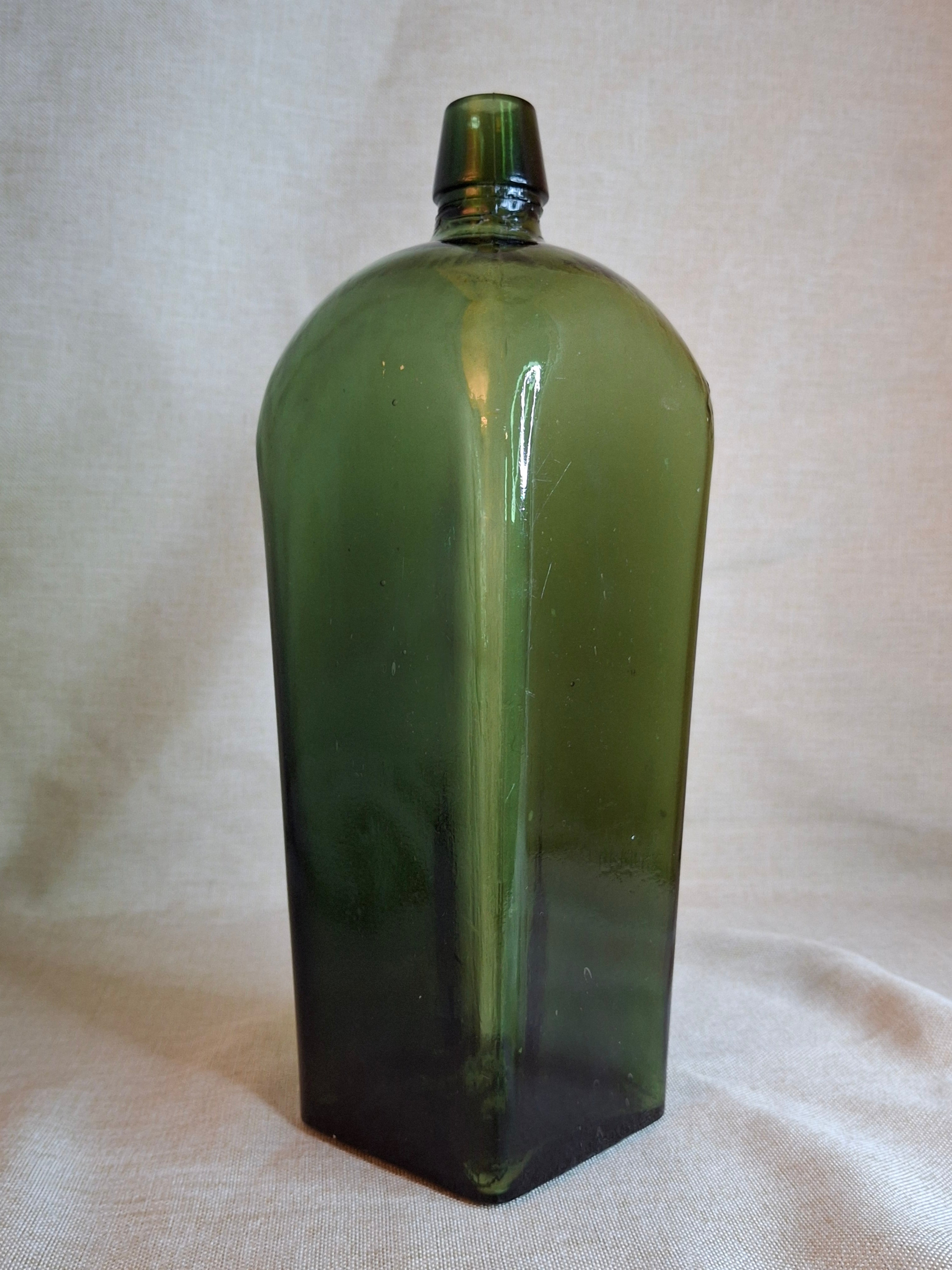 Antique 1880s Olive Green Case Gin Bottle 10" Hand Blown Glass Tapered Square