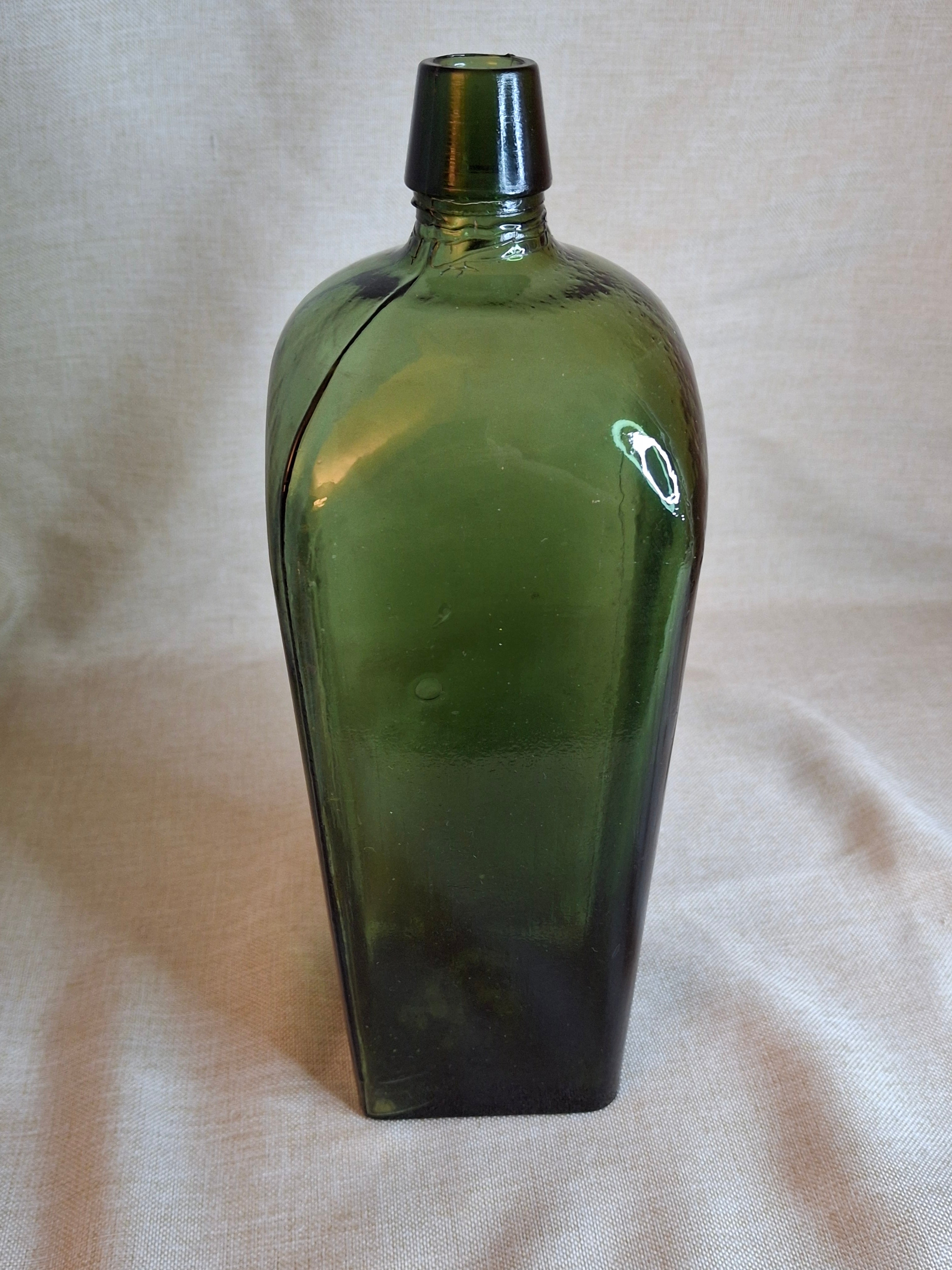 Antique 1880s Olive Green Case Gin Bottle 10" Hand Blown Glass Tapered Square