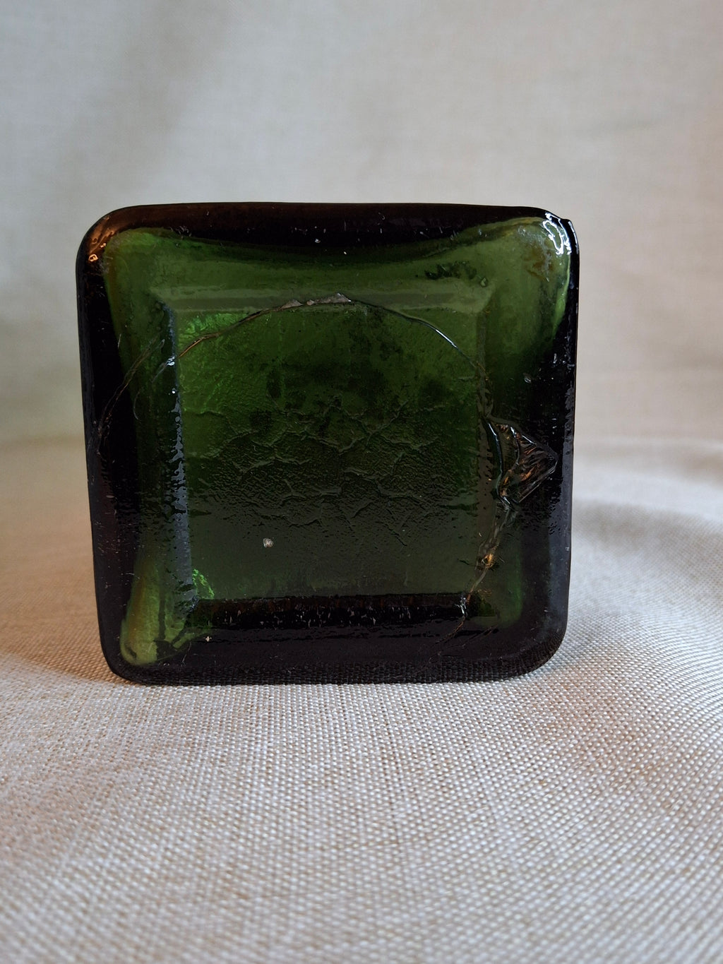 Antique 1880s Olive Green Case Gin Bottle 10" Hand Blown Glass Tapered Square