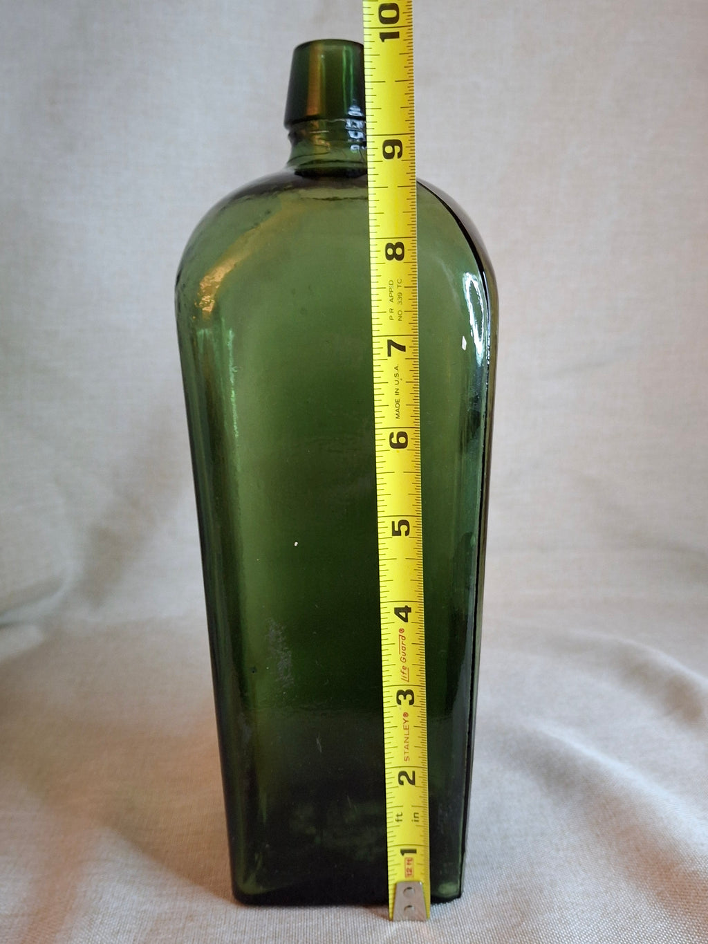 Antique 1880s Olive Green Case Gin Bottle 10" Hand Blown Glass Tapered Square
