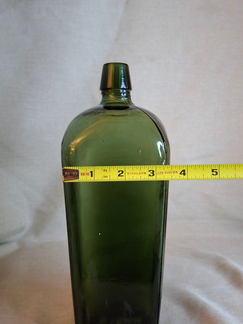 Antique 1880s Olive Green Case Gin Bottle 10" Hand Blown Glass Tapered Square