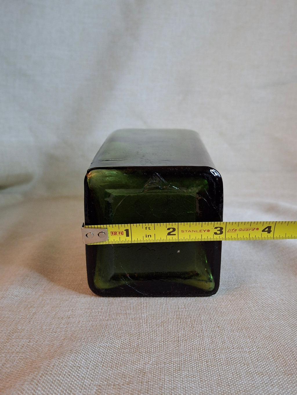 Antique 1880s Olive Green Case Gin Bottle 10" Hand Blown Glass Tapered Square