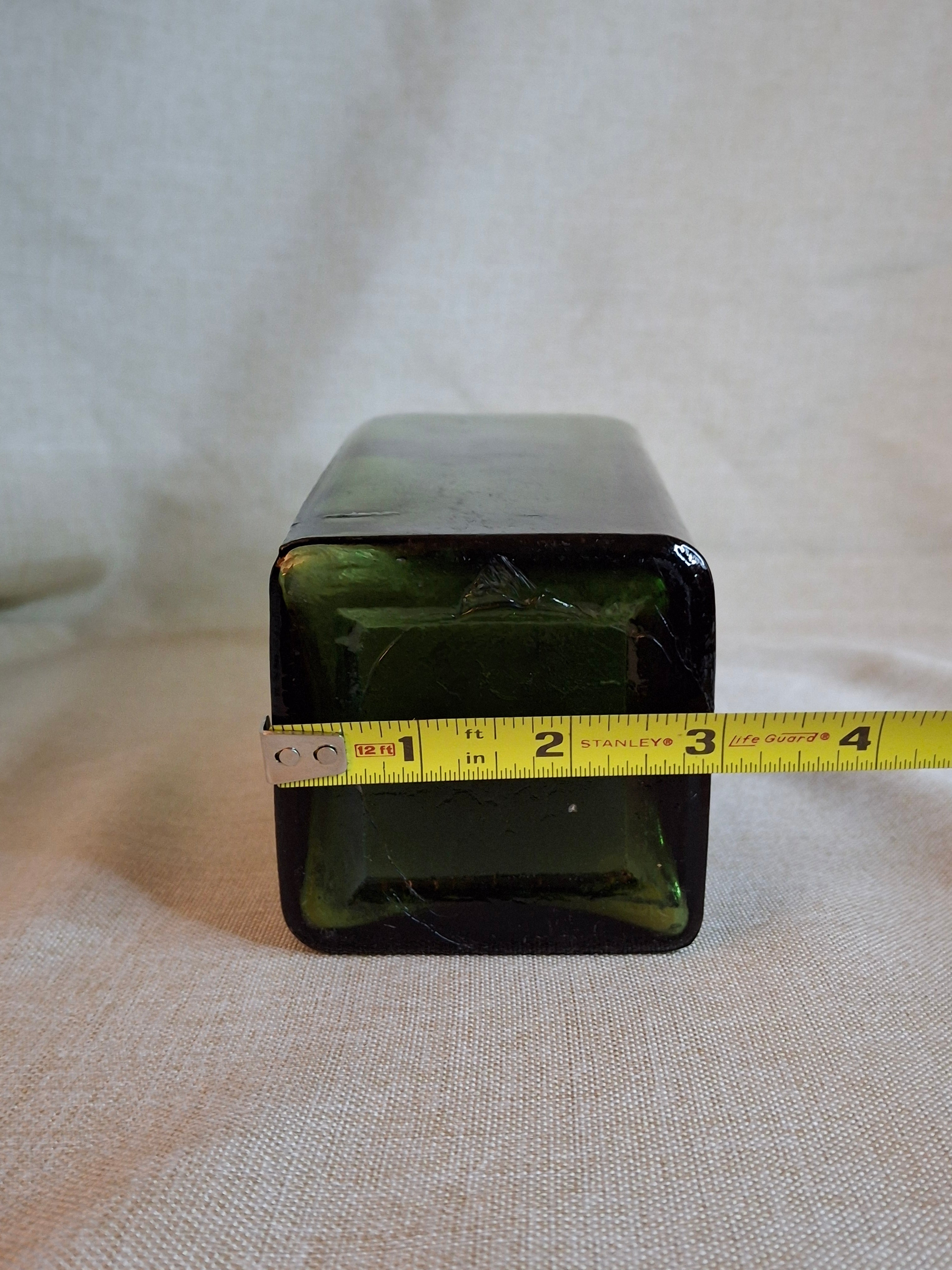 Antique 1880s Olive Green Case Gin Bottle 10" Hand Blown Glass Tapered Square