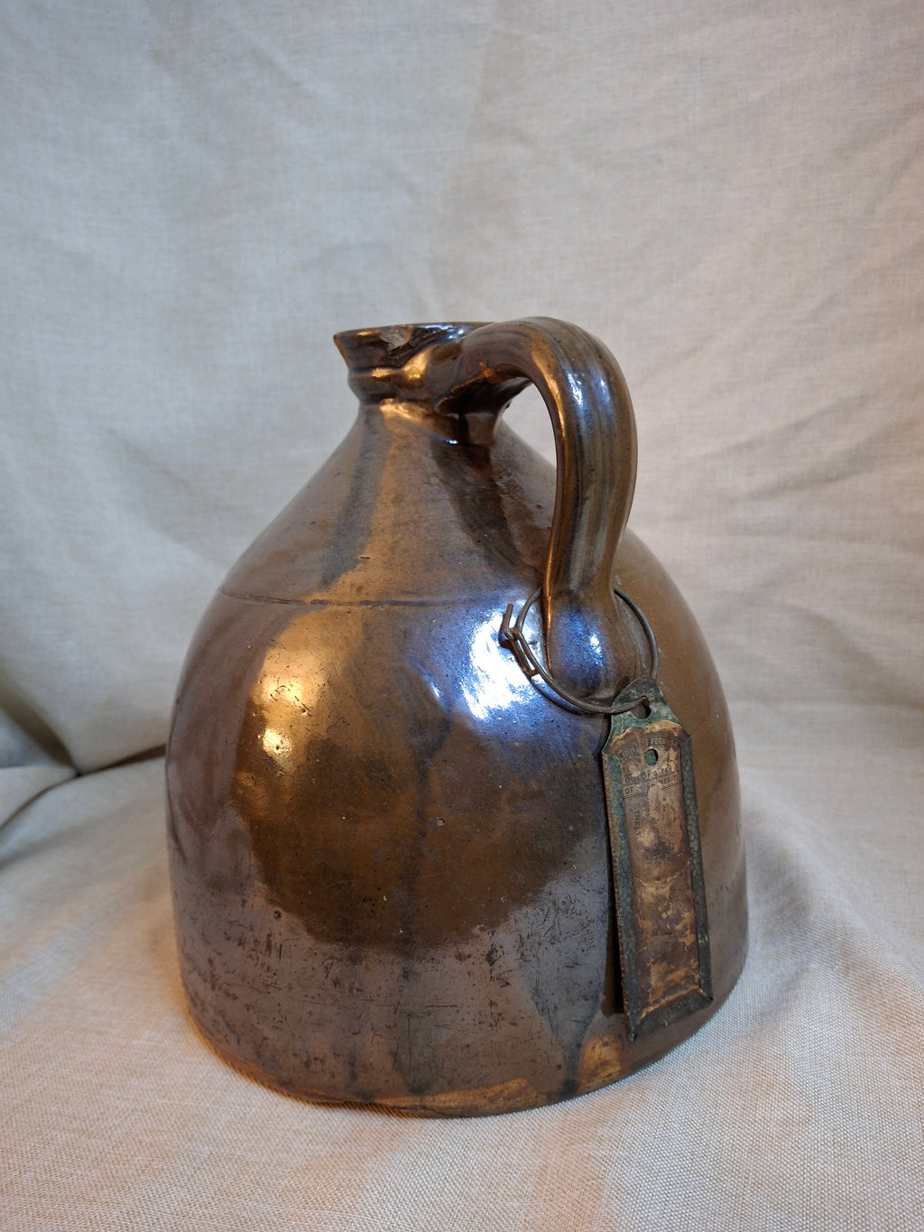 Antique Albany Slip Stoneware Jug 19th C Merchant Tag Formosa Oolong Tea Suffield CT