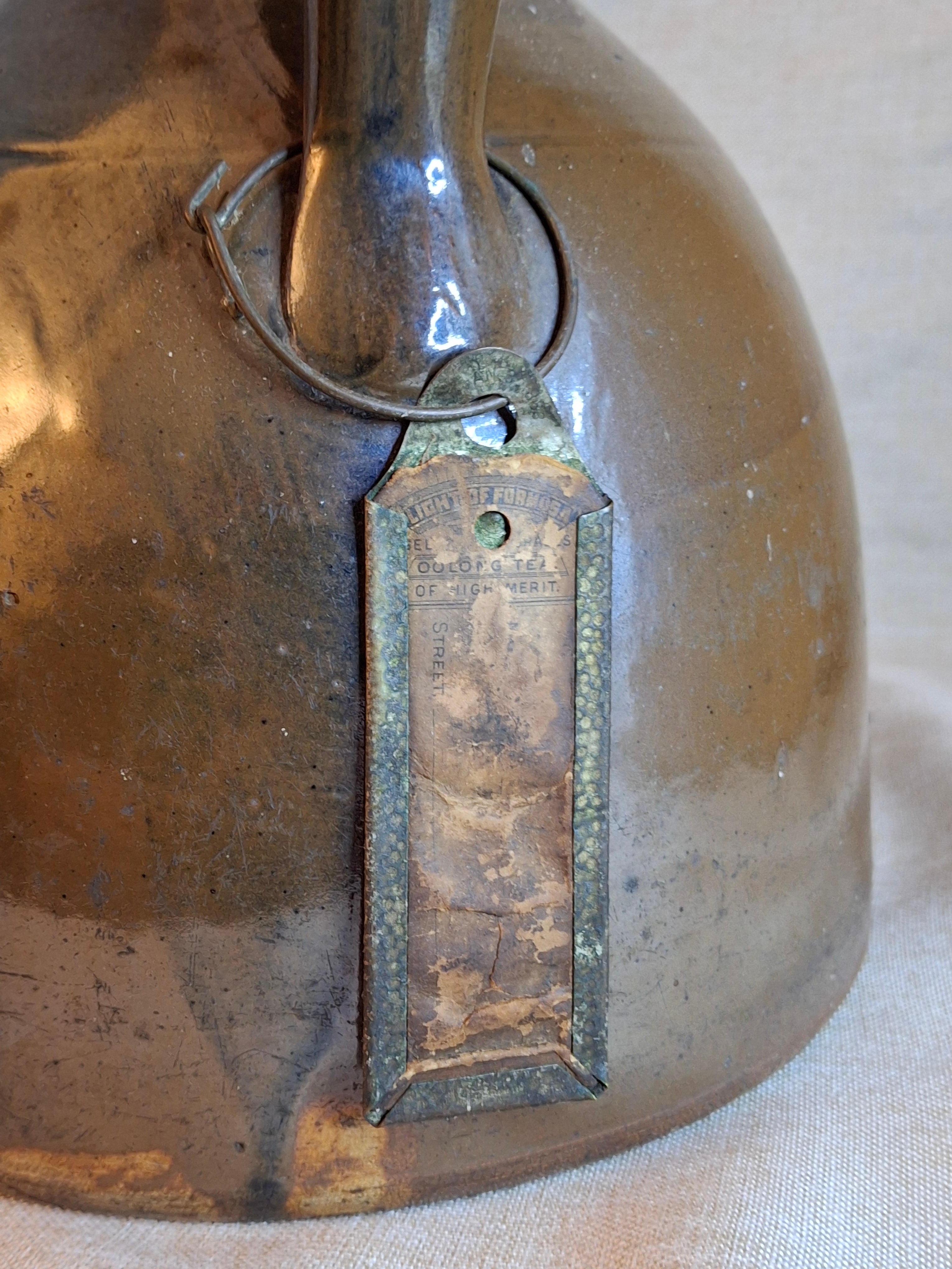 Antique Albany Slip Stoneware Jug 19th C Merchant Tag Formosa Oolong Tea Suffield CT