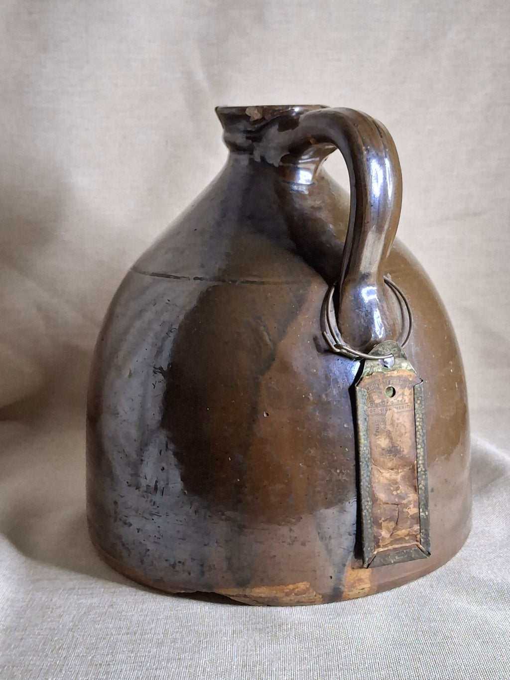 Antique Albany Slip Stoneware Jug 19th C Merchant Tag Formosa Oolong Tea Suffield CT