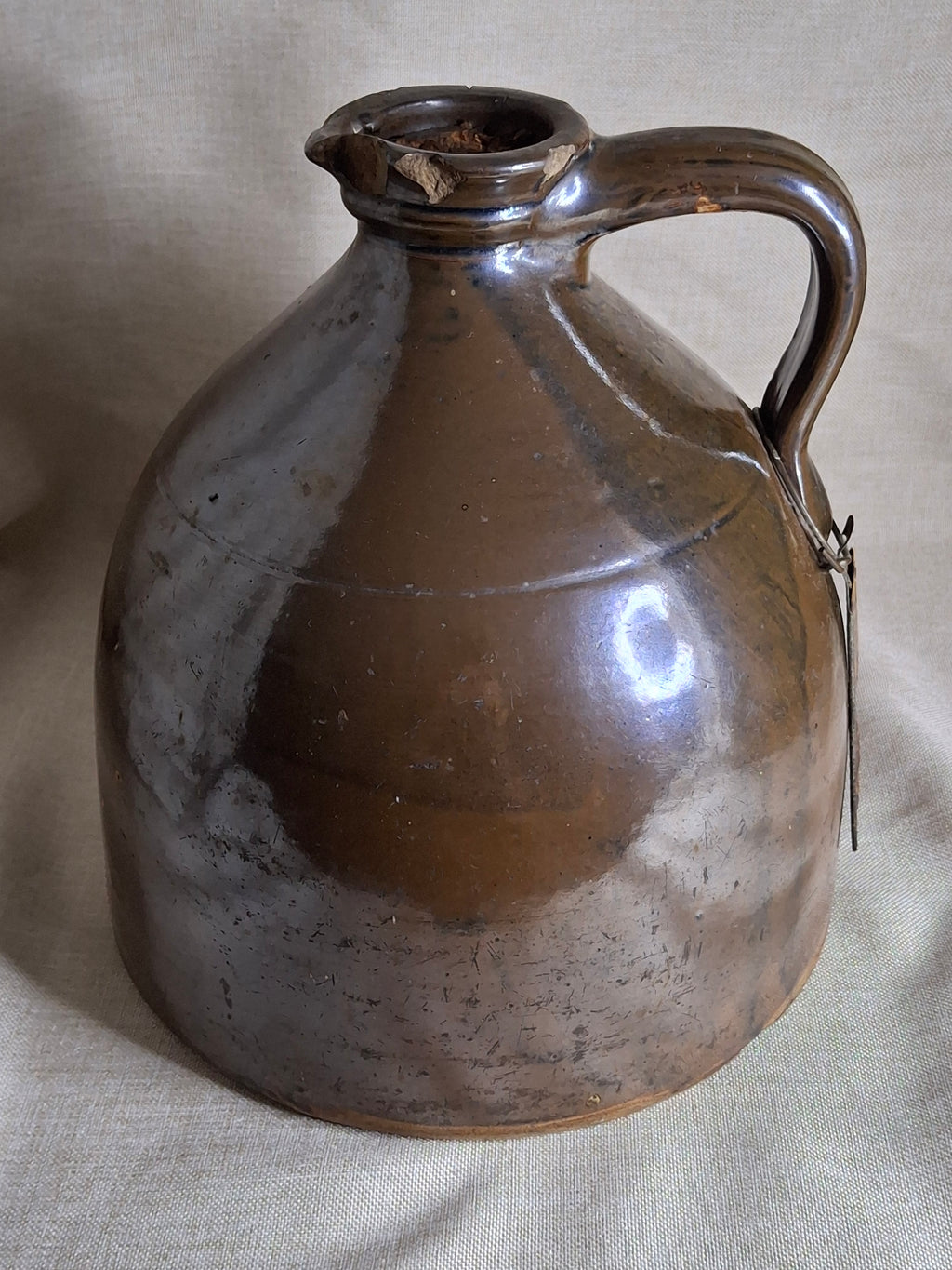 Antique Albany Slip Stoneware Jug 19th C Merchant Tag Formosa Oolong Tea Suffield CT