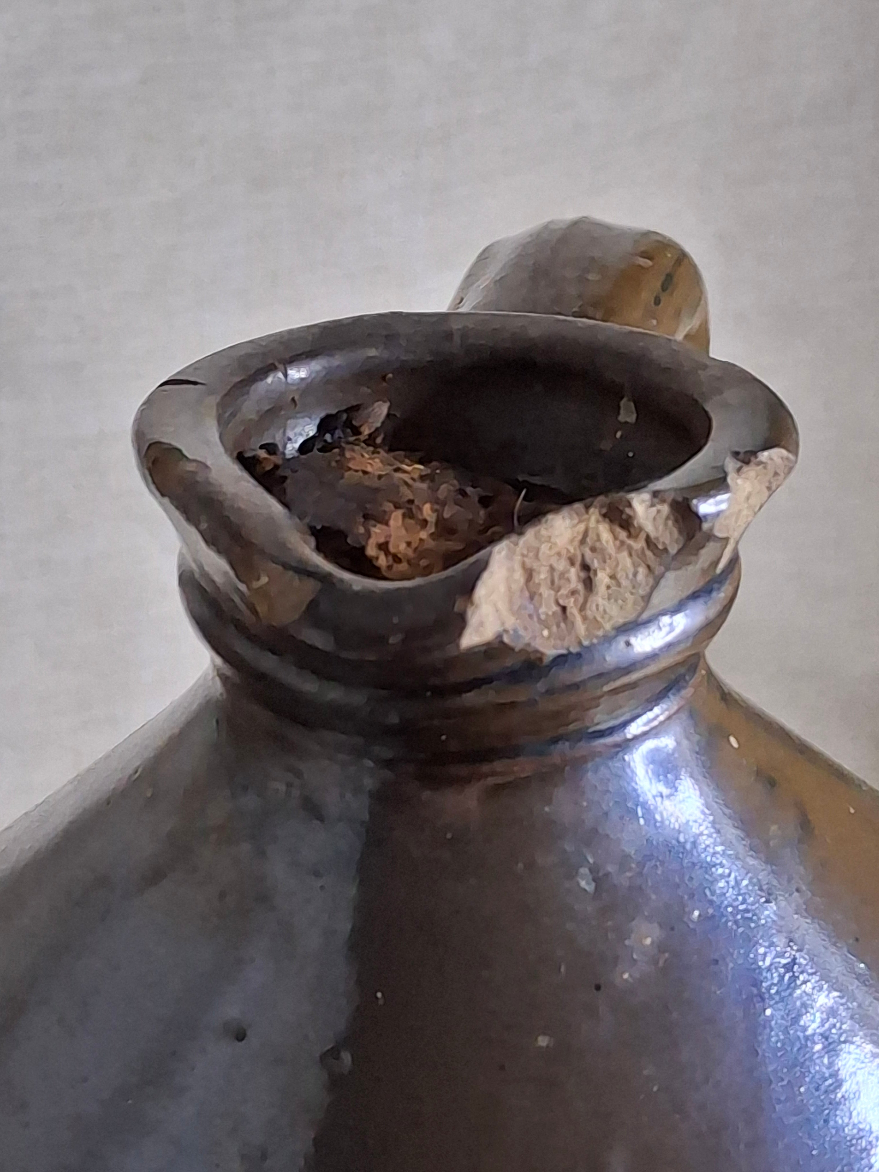 Antique Albany Slip Stoneware Jug 19th C Merchant Tag Formosa Oolong Tea Suffield CT