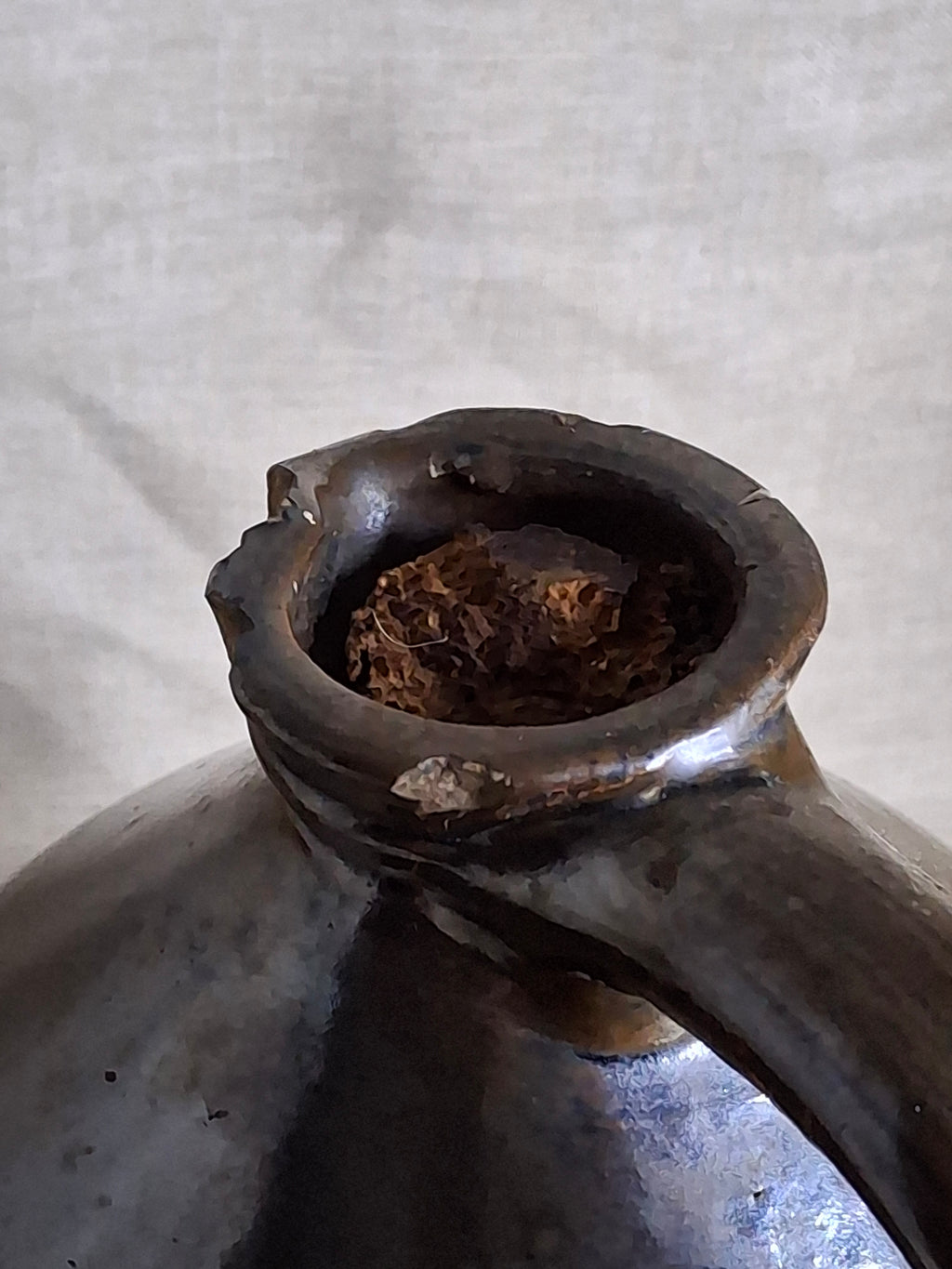 Antique Albany Slip Stoneware Jug 19th C Merchant Tag Formosa Oolong Tea Suffield CT