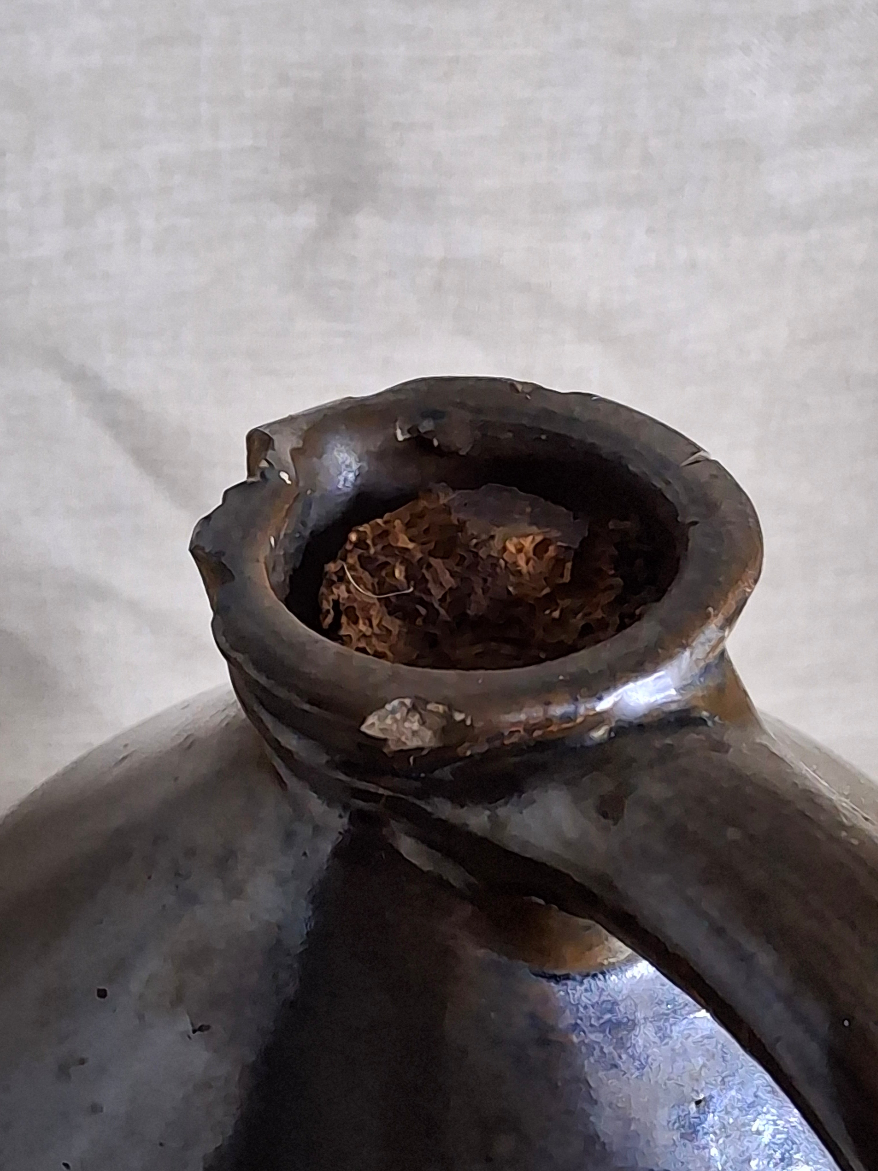 Antique Albany Slip Stoneware Jug 19th C Merchant Tag Formosa Oolong Tea Suffield CT