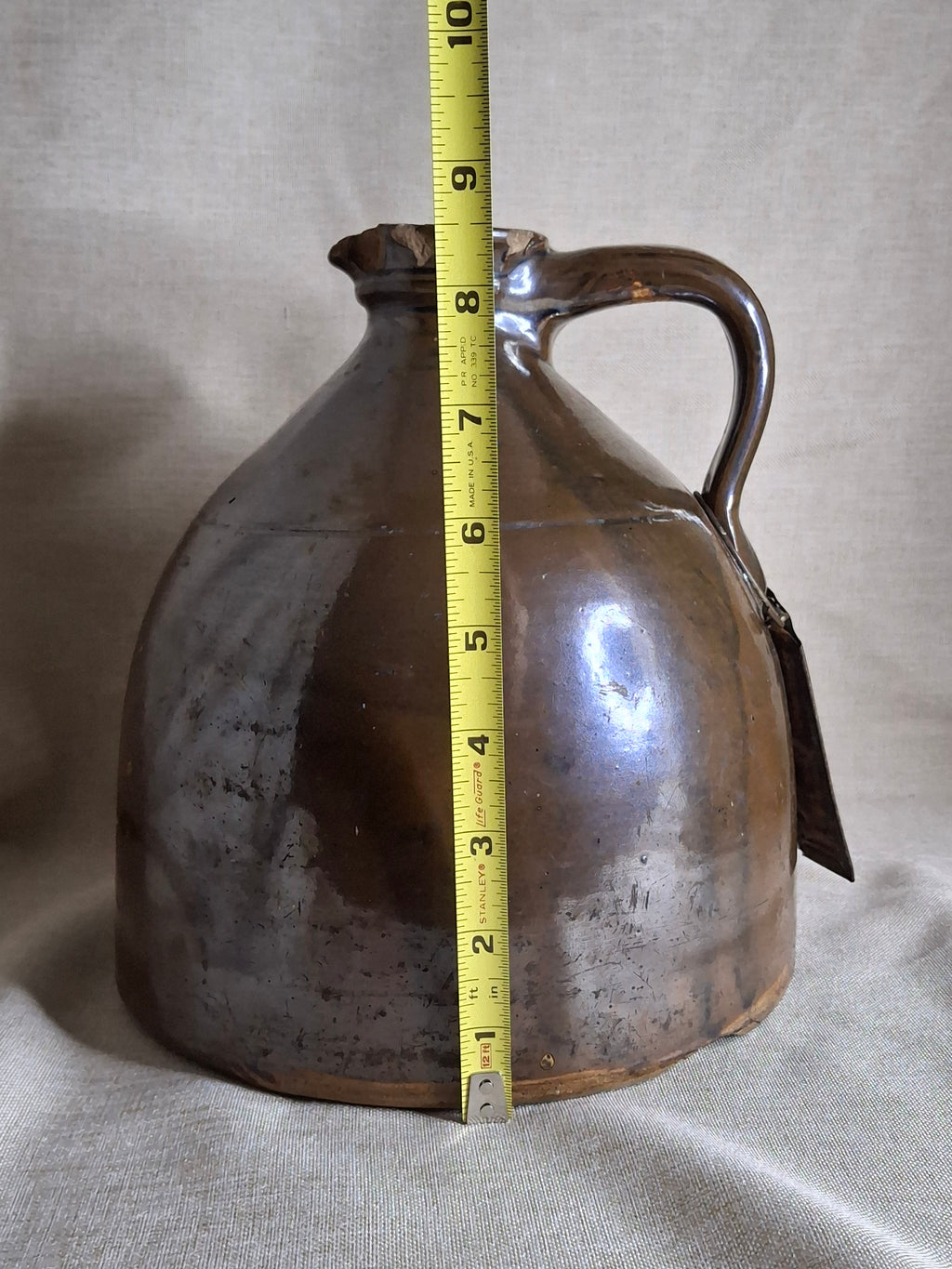 Antique Albany Slip Stoneware Jug 19th C Merchant Tag Formosa Oolong Tea Suffield CT
