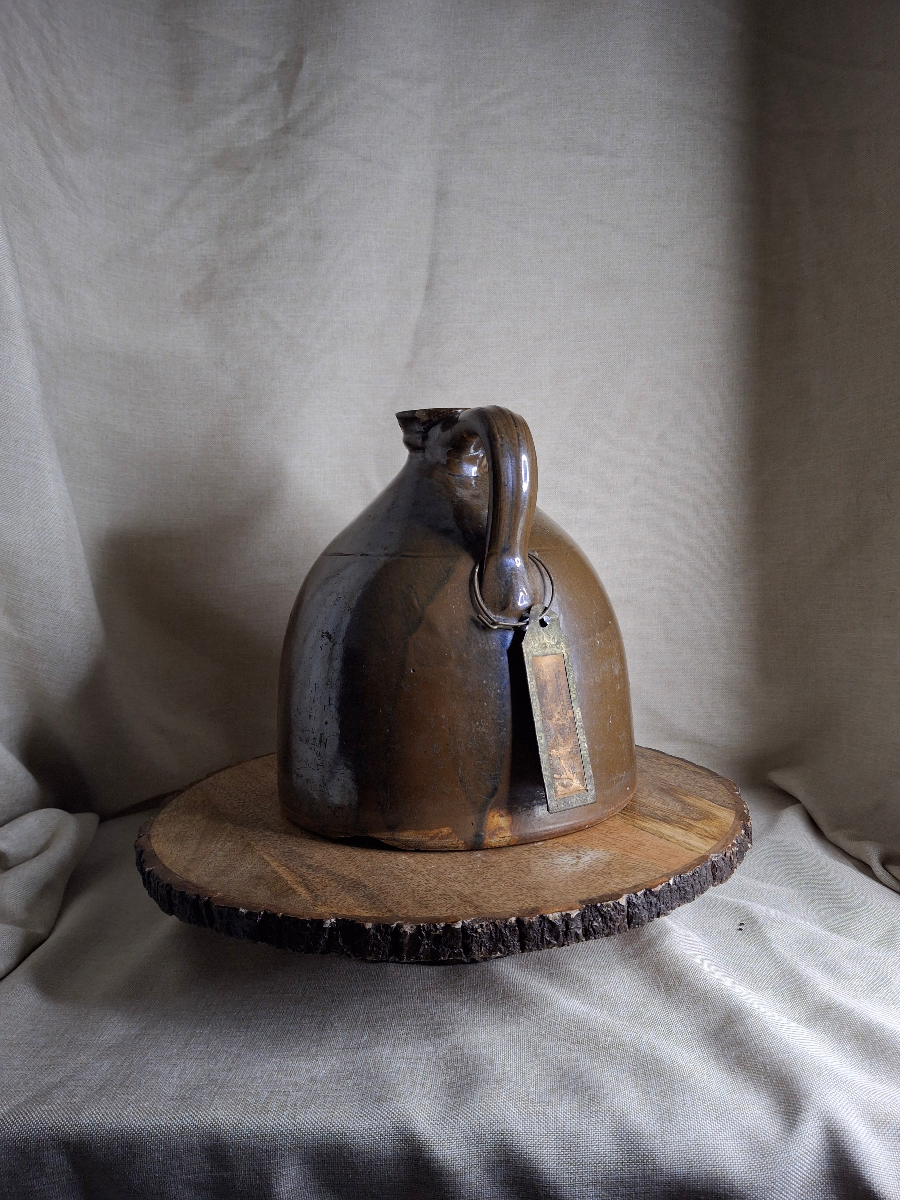 Antique Albany Slip Stoneware Jug 19th C Merchant Tag Formosa Oolong Tea Suffield CT