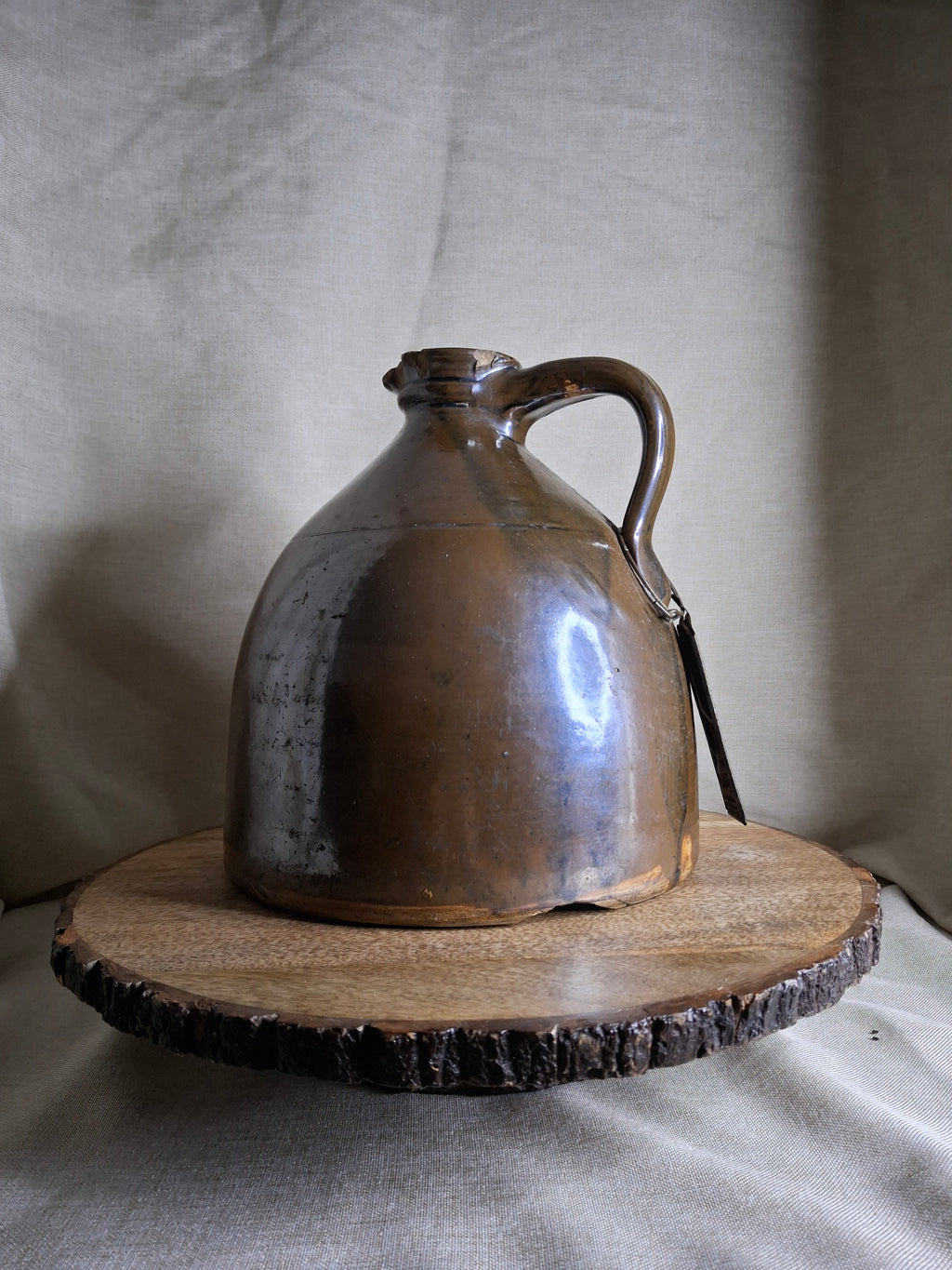 Antique Albany Slip Stoneware Jug 19th C Merchant Tag Formosa Oolong Tea Suffield CT