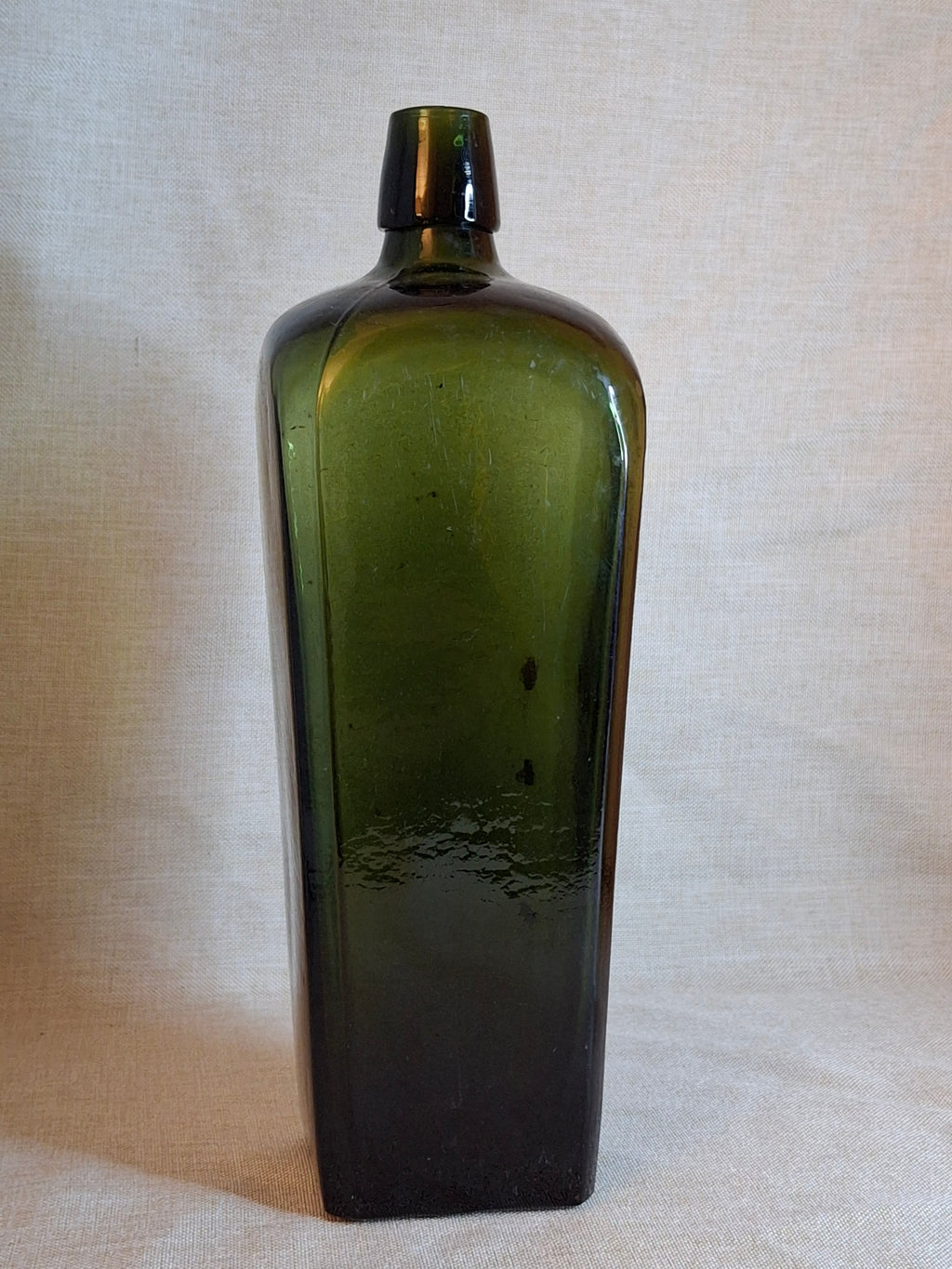 Antique Olive Green Case Gin Bottle, Tapered Square 19th Century Blown Glass 10"