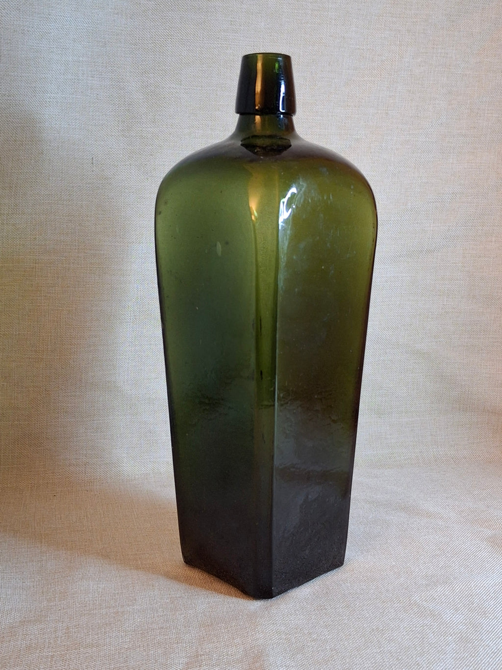 Antique Olive Green Case Gin Bottle, Tapered Square 19th Century Blown Glass 10"