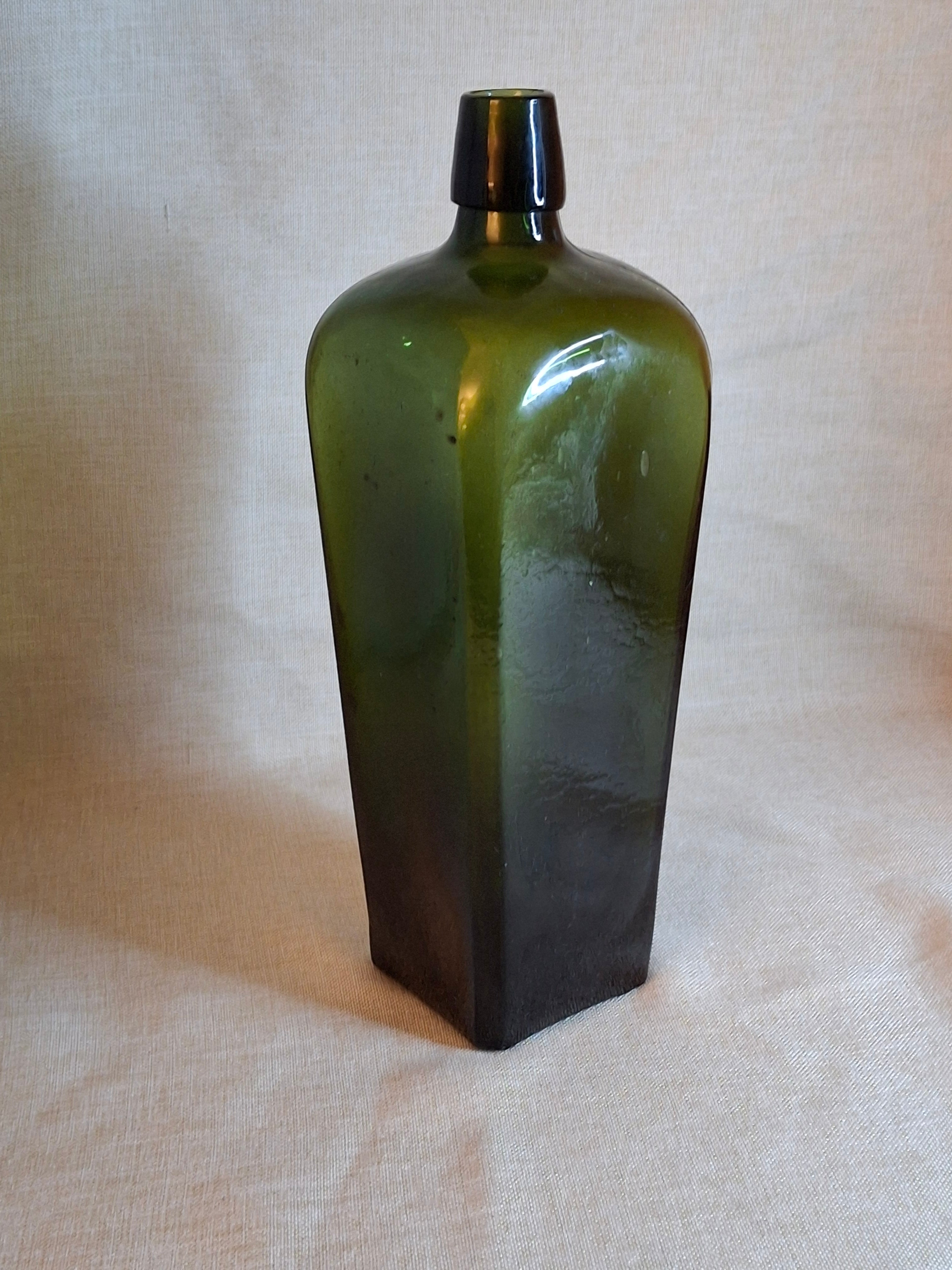 Antique Olive Green Case Gin Bottle, Tapered Square 19th Century Blown Glass 10"