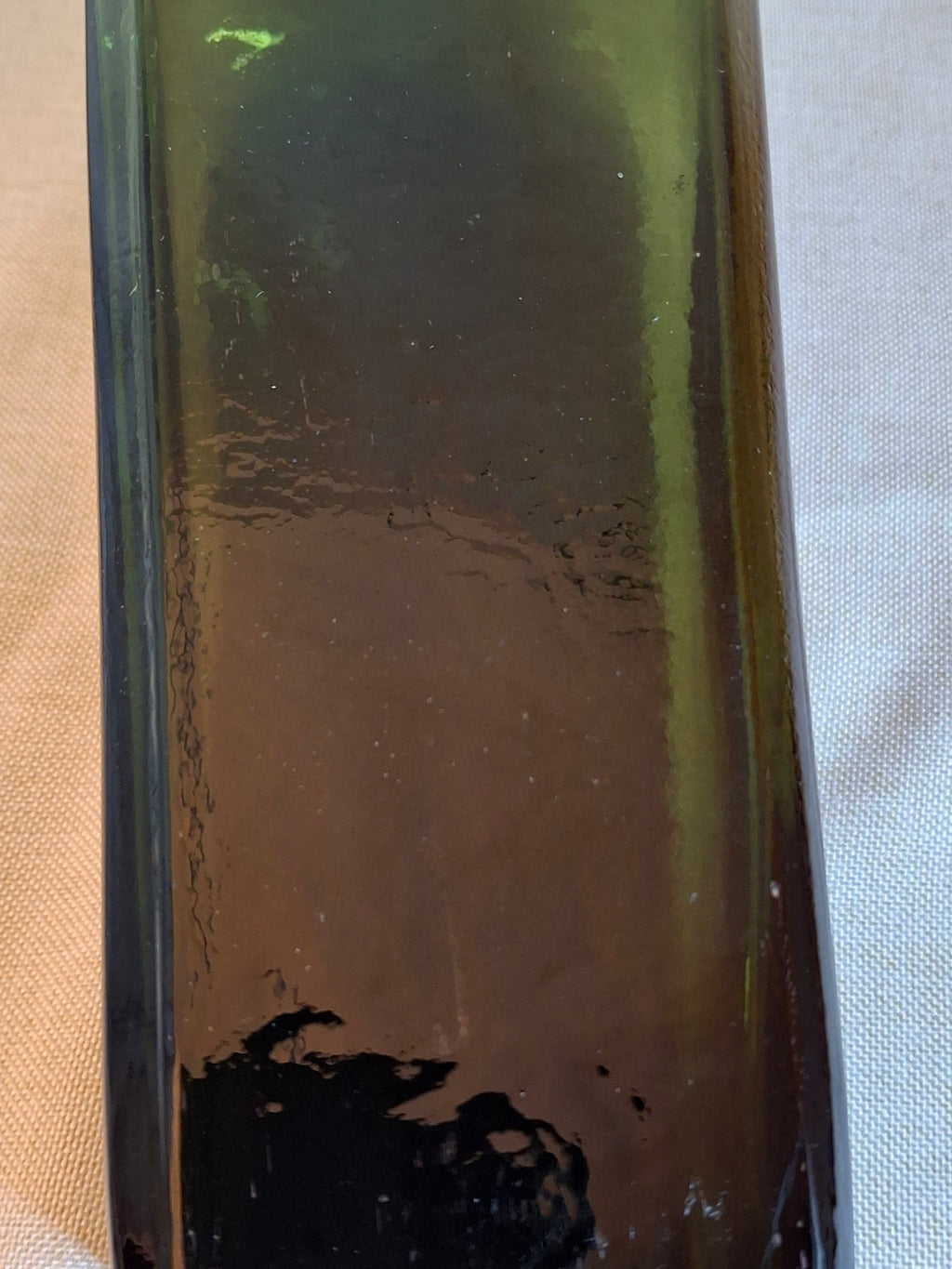 Antique Olive Green Case Gin Bottle, Tapered Square 19th Century Blown Glass 10"