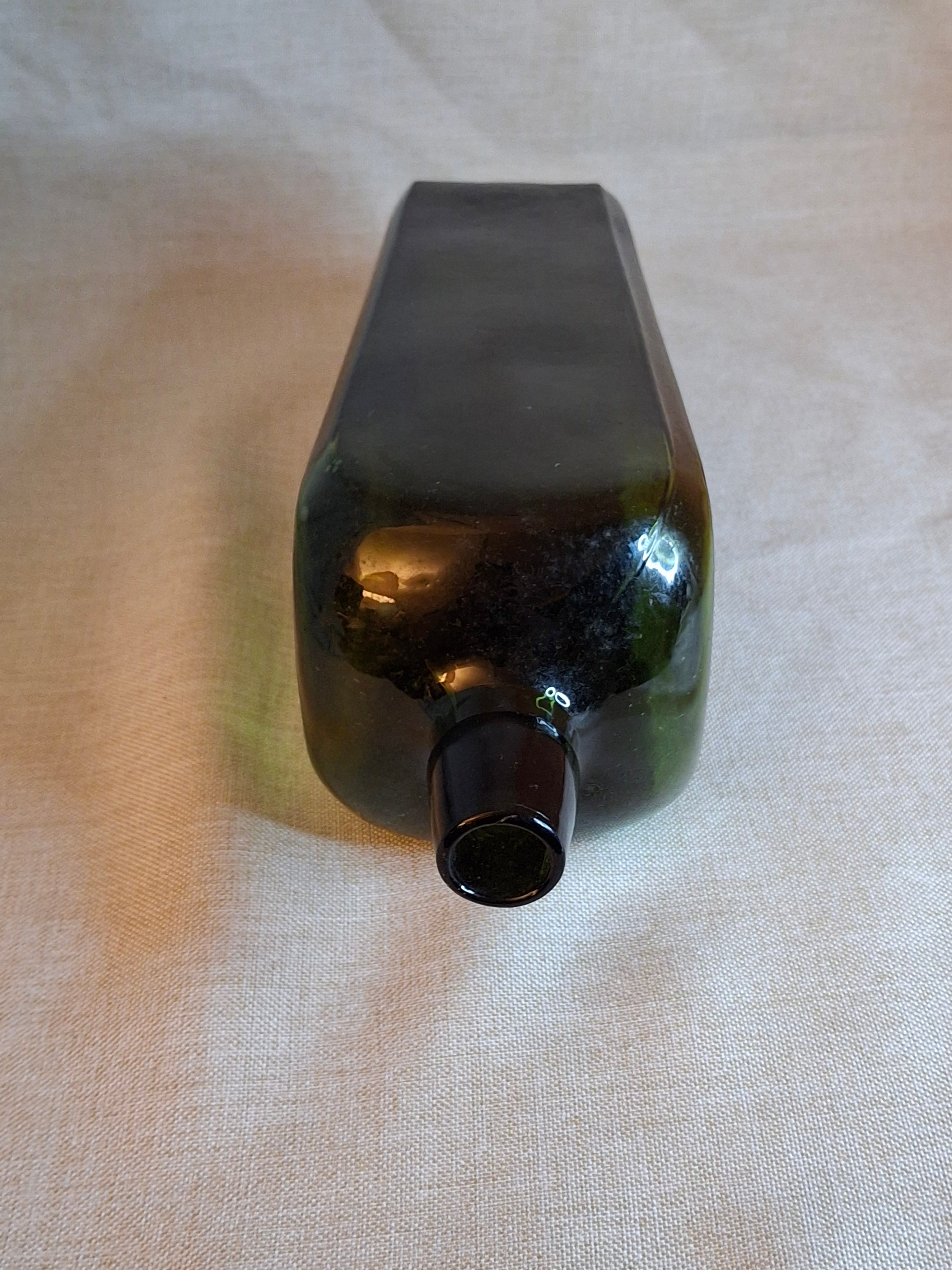 Antique Olive Green Case Gin Bottle, Tapered Square 19th Century Blown Glass 10"